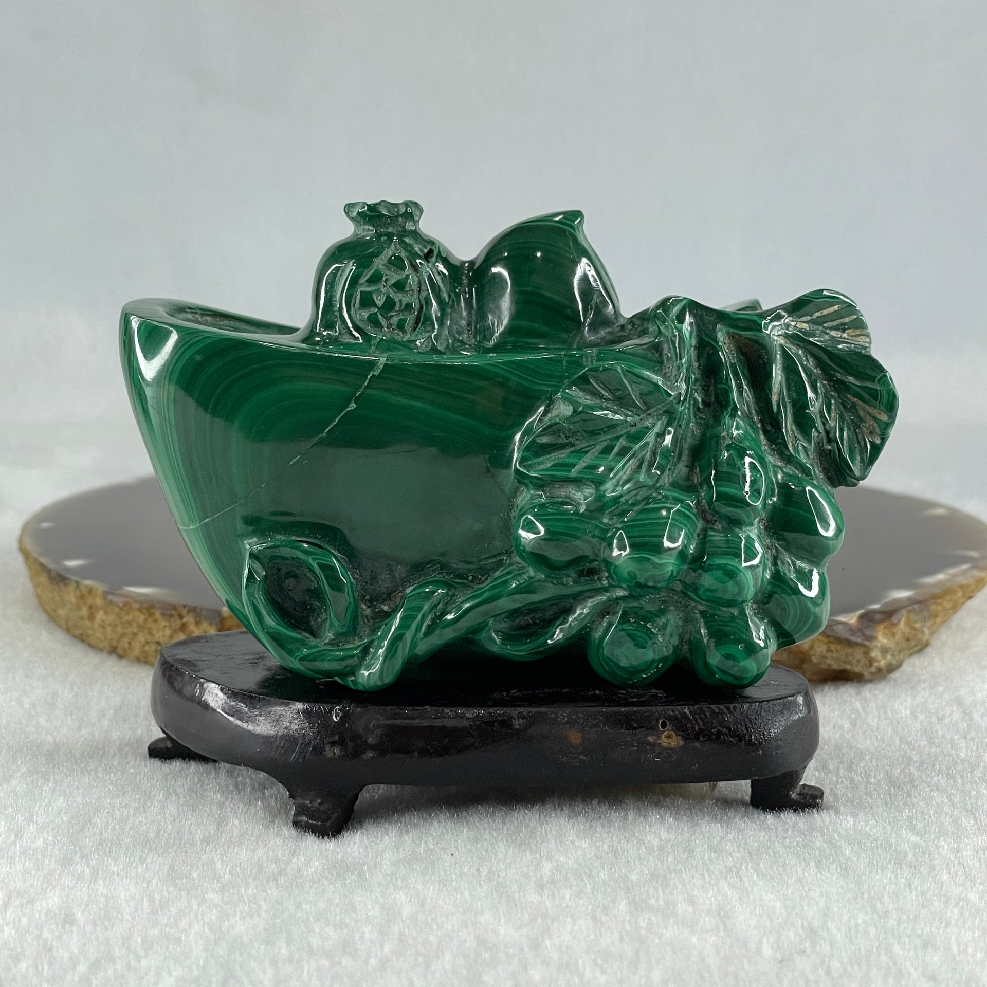 Natural Malachite Yuan Bao Ingot with Money bag and Longevity Beach with Wooden Stand Display 402.5g 96.5 by 45.8 by 76.0mm - Huangs Jadeite and Jewelry Pte Ltd