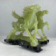 Natural Yellowish Green Serpentine 3 Victory Horse with Wooden Stand Display 1,929.3g 198.0 r we by 166.0 by 200.0mm - Huangs Jadeite and Jewelry Pte Ltd
