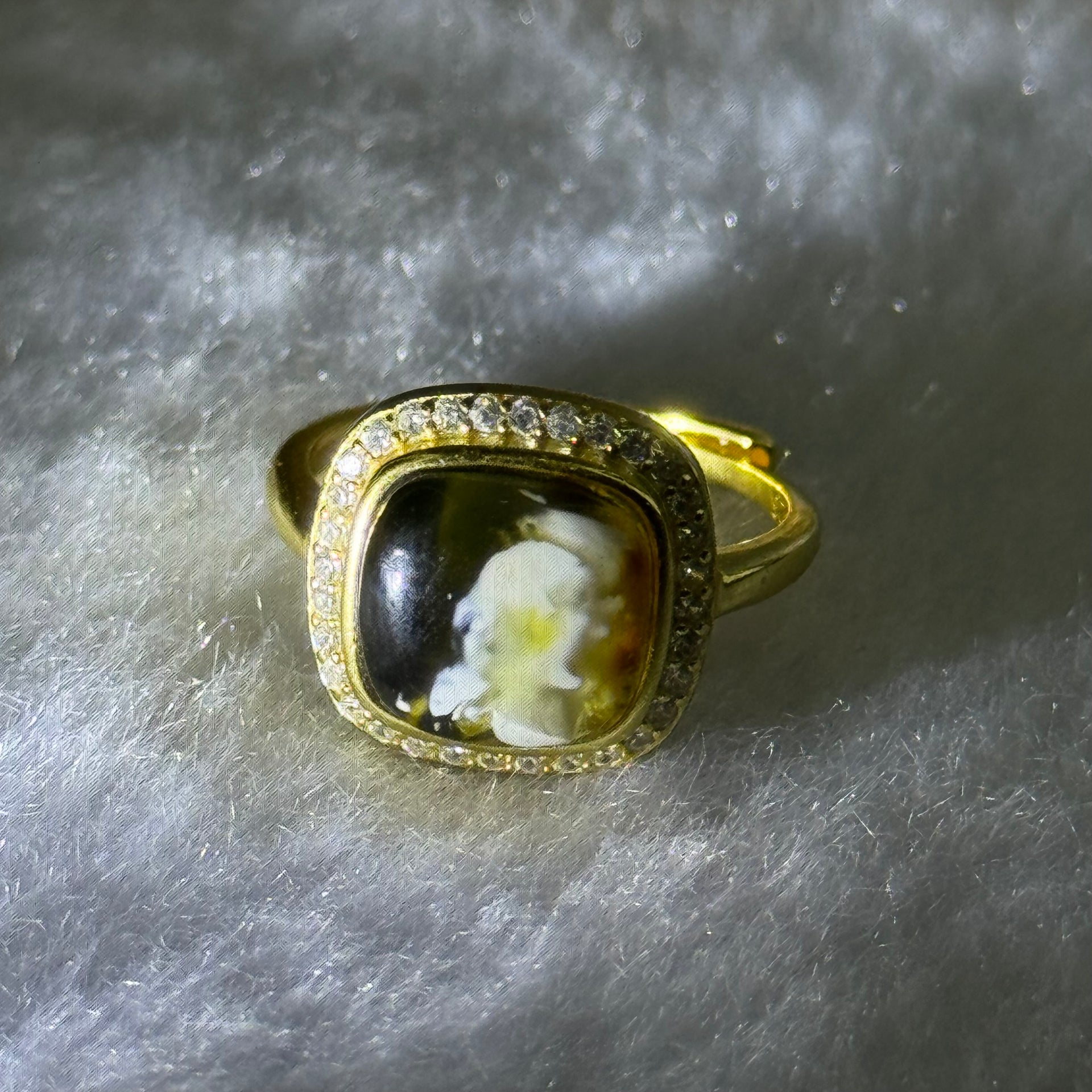 Natural Green Amber with Milk and Yellow Inclusions in S925 Sliver Gold Color Ring (Adjustable Size) 2.74g 9.0 by 3.0mm - Huangs Jadeite and Jewelry Pte Ltd