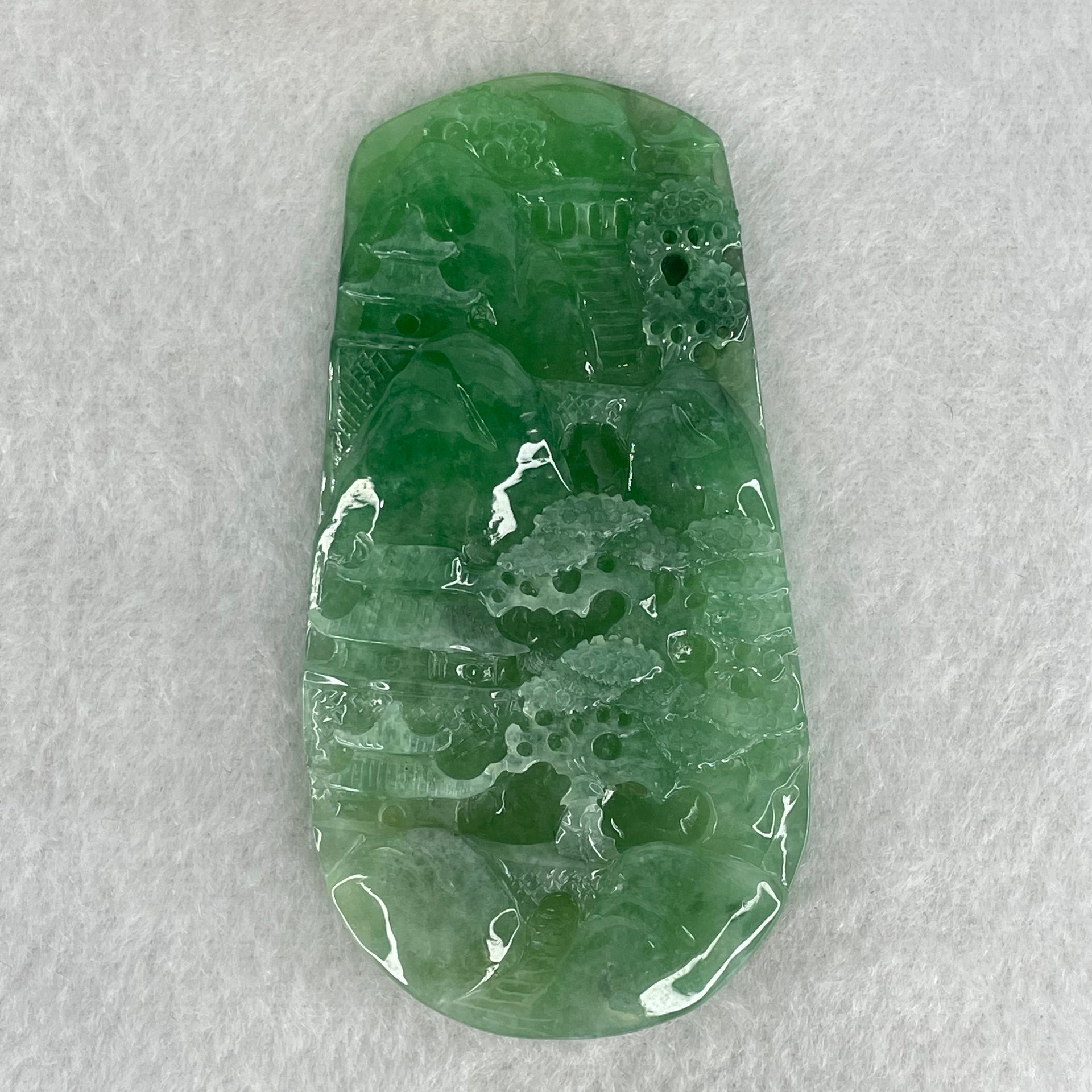 Type A Semi Icy Bright Green Jadeite Double Sided Shan Shui with Gui Ren Benefactor Pendant 47.64g 76.5 by 39.9 by 9.0mm - Huangs Jadeite and Jewelry Pte Ltd
