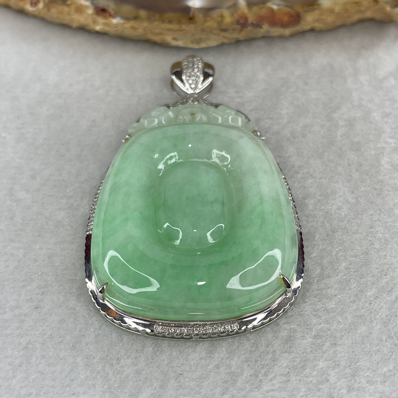 Natural Type A Jadeite Ruyi Pendant with Diamonds in 18K White Gold | 45.5mm Translucent Light Mint Green | High-Luxury Statement "As You Wish" Heirloom Amulet (19.71g 32.5x5.0mm)