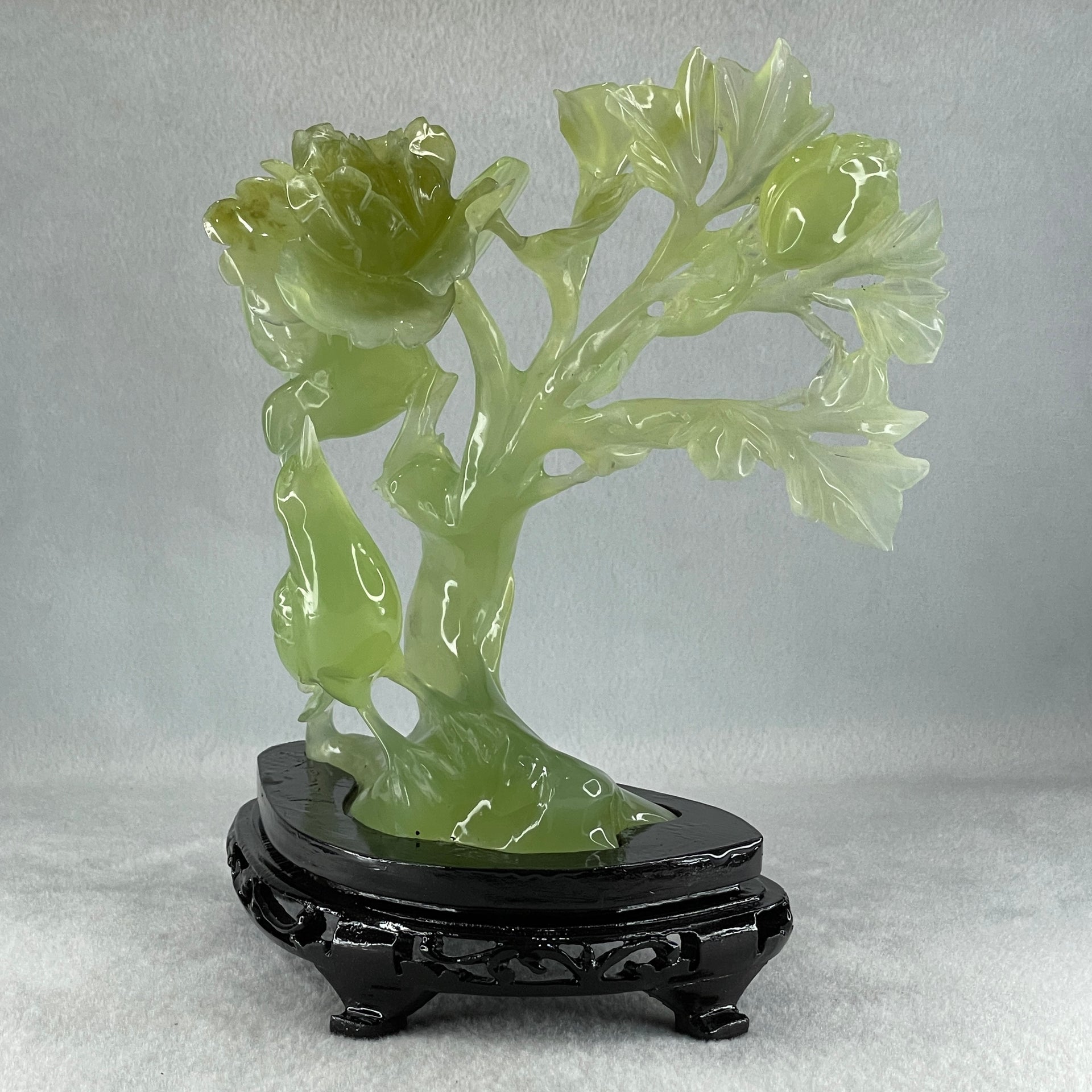 Natural Semi Icy Green Serpentine Double Magpie Birds on Flower Tree with Wooden Stand Display 641.5g 210.0 by 220.0 by 112.0mm - Huangs Jadeite and Jewelry Pte Ltd