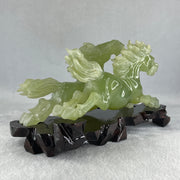 Natural Green Serpentine Double Horse with Wooden Stand Display 971.8g 220.0 by 104.5 by 115.0mm - Huangs Jadeite and Jewelry Pte Ltd
