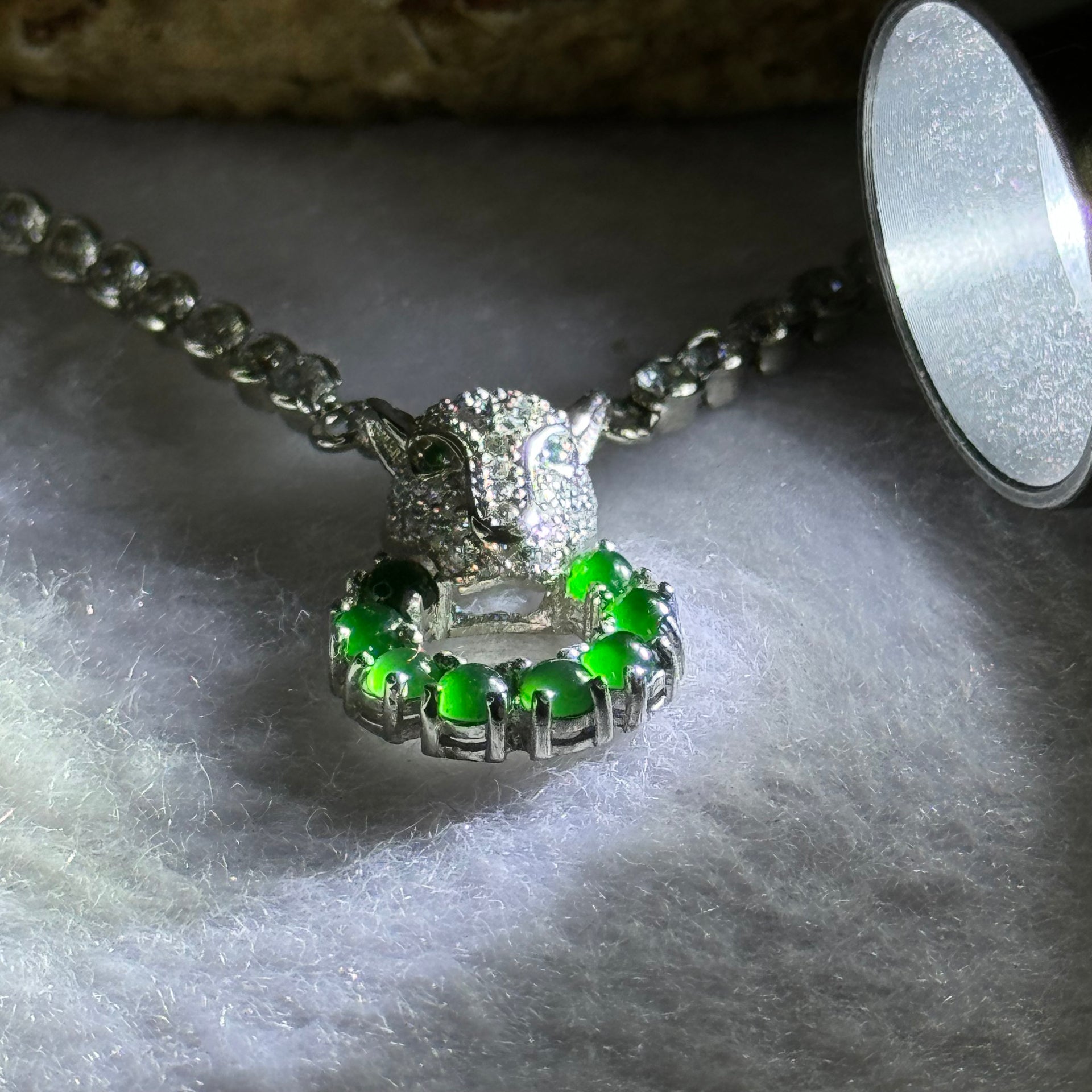 Type A Icy Green Omphasite Jadeite Panther Charm with Crystals in S925 Sliver Necklace 13.29g 2.3 by 1.5mm 8pcs - Huangs Jadeite and Jewelry Pte Ltd