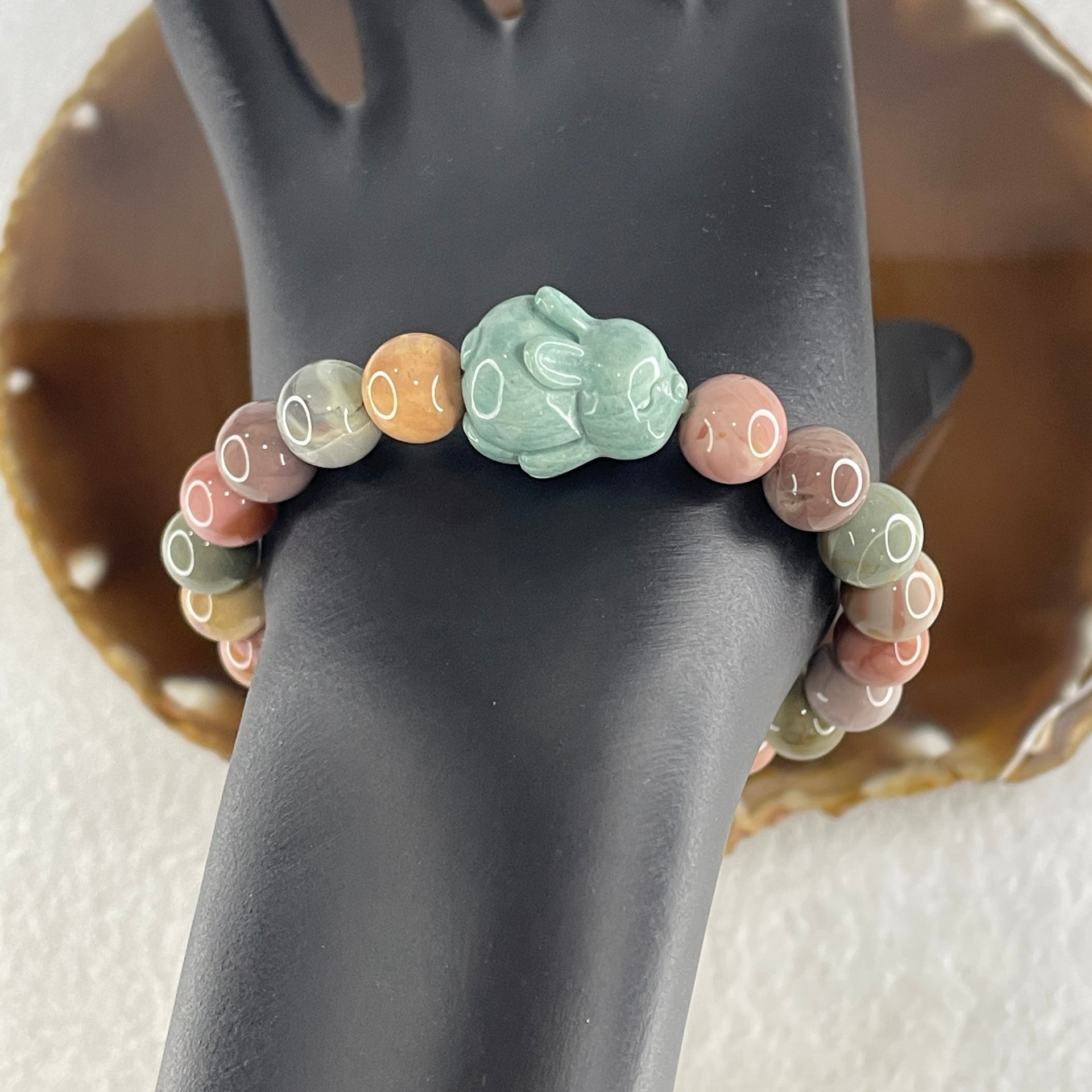 Natural Alashan Agate Pastels Pink Beads with Rabbit Charm Bracelet 21.69g 15.5cm 8.8mm 20Beads - Huangs Jadeite and Jewelry Pte Ltd