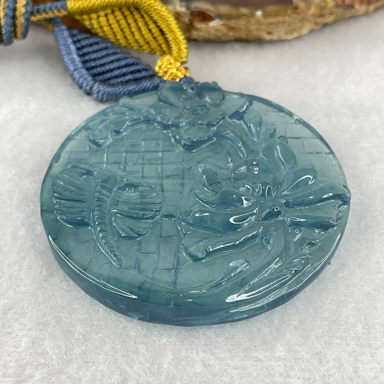 Certified Very Good Grade Natural Aquamarine Dragonfly with Lotus Flower Pendant | 48mm Carved Gemstone Amulet of Peace & Transformation (24.27g | 48.0mm x 7.1mm)