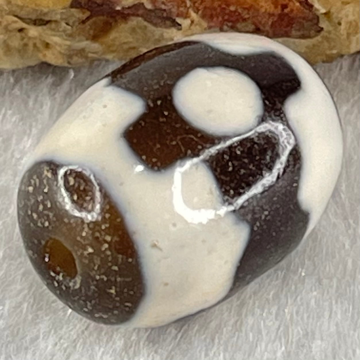 Natural Powerful Tibetan Old Oily Dark Brown With White Agate 3 Eyes Dzi Bead Heavenly Master (Tian Zhu) 三眼天诛 4.41g 17.4 by 12.8mm - Huangs Jadeite and Jewelry Pte Ltd