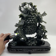 Natural Dark Green Nephrite Cricket Pair on Grapes Plant with Wooden Display 2,429.6g 241.0 by 100.0 by 260.0mm - Huangs Jadeite and Jewelry Pte Ltd