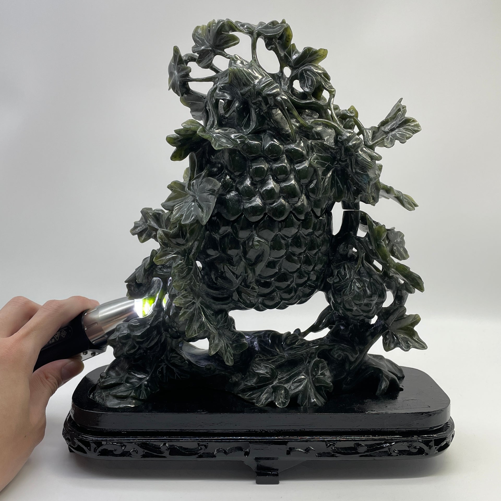 Natural Dark Green Nephrite Cricket Pair on Grapes Plant with Wooden Display 2,429.6g 241.0 by 100.0 by 260.0mm - Huangs Jadeite and Jewelry Pte Ltd