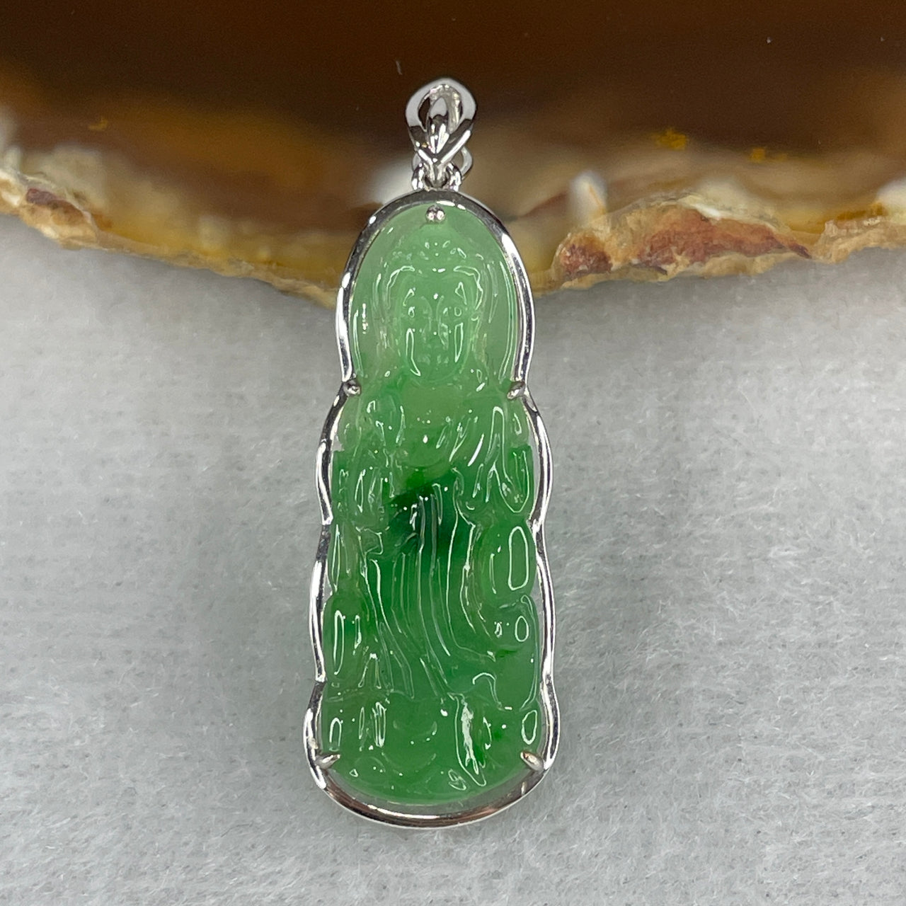 Certified Type A Semi Icy Spicy Green Jadeite Guan Yin Pendant Setting 18k White Gold 2.68g 37.0 by 12.3 by 5.3mm - Huangs Jadeite and Jewelry Pte Ltd