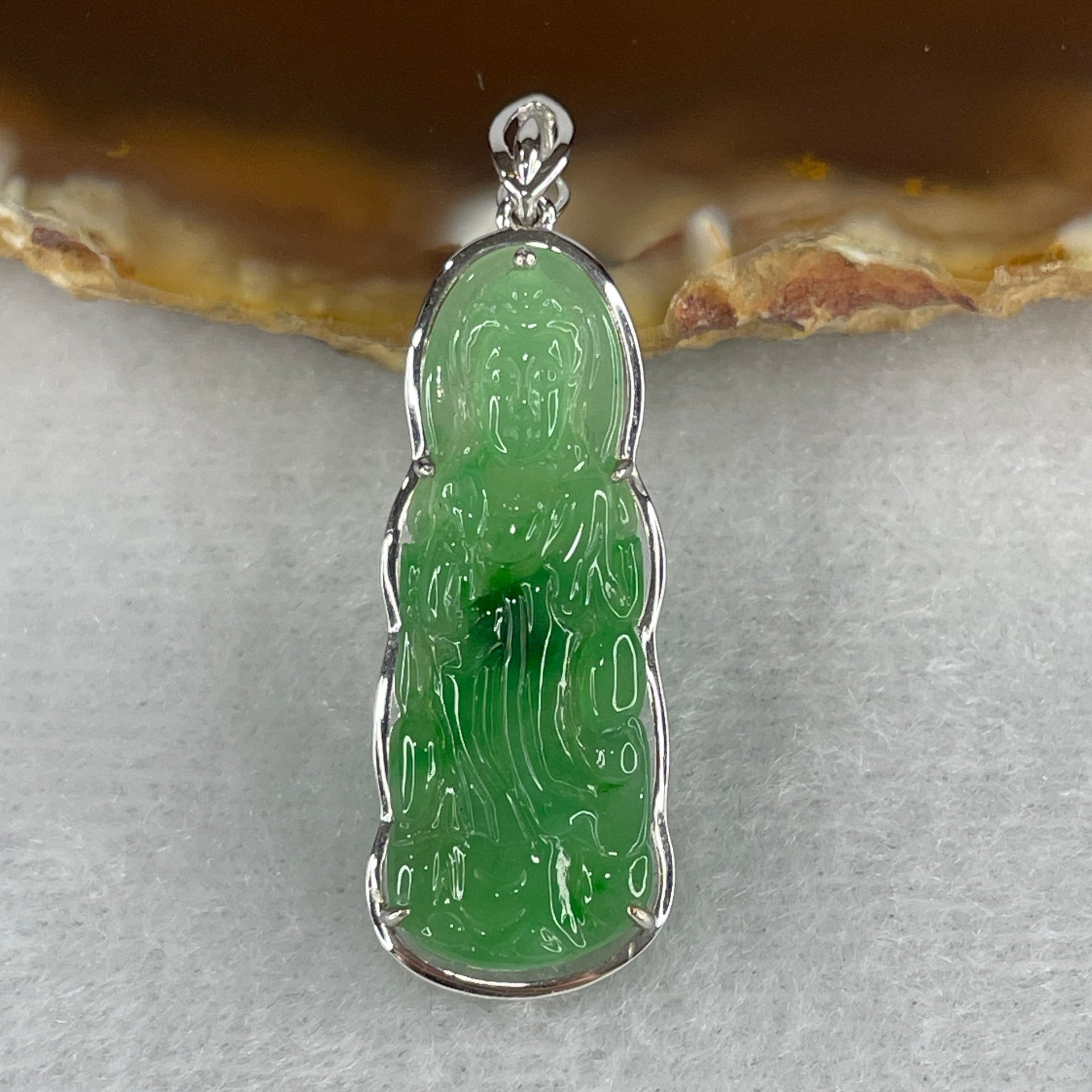 Certified Type A Semi Icy Spicy Green Jadeite Guan Yin Pendant Setting 18k White Gold 2.68g 37.0 by 12.3 by 5.3mm - Huangs Jadeite and Jewelry Pte Ltd