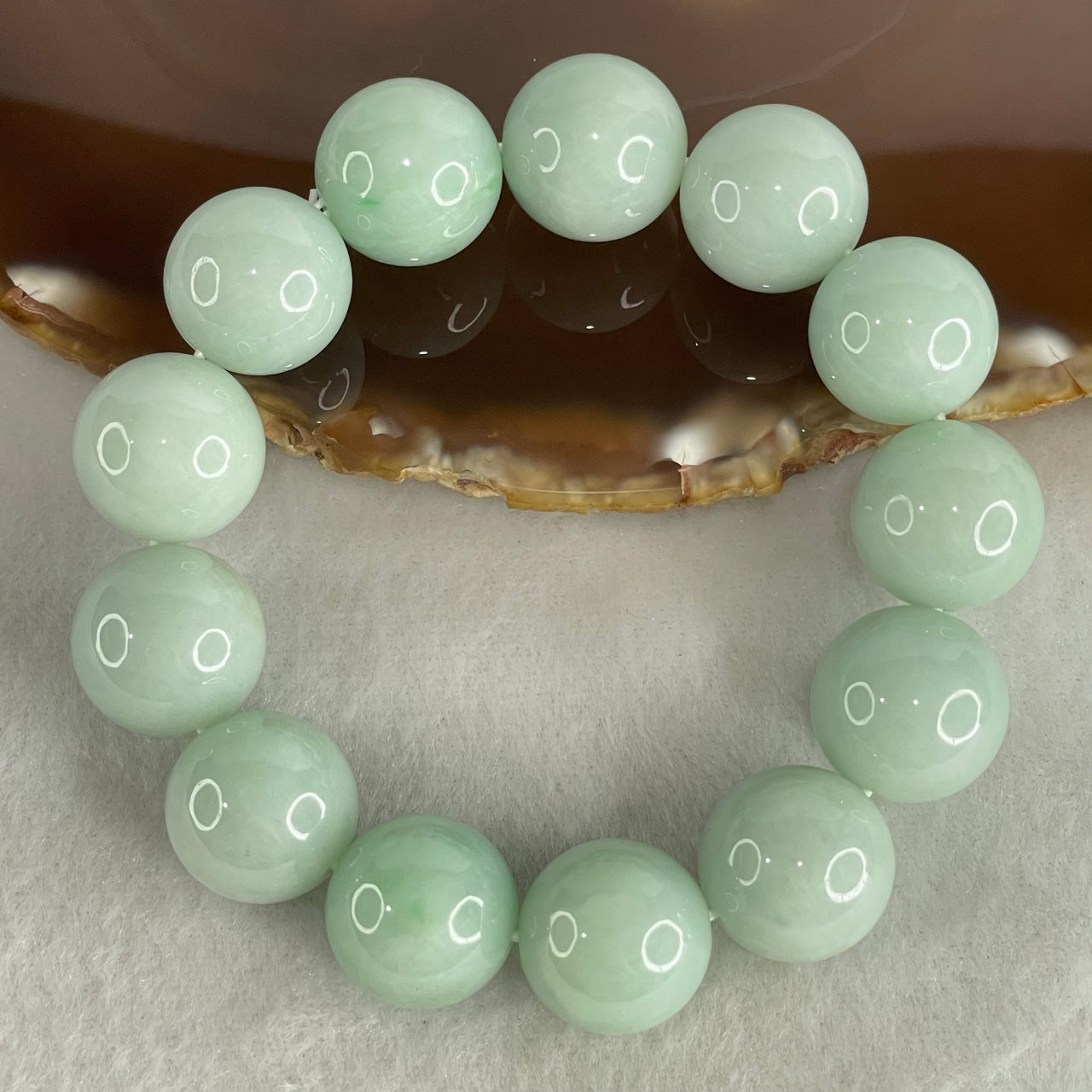Type A Light Green Jadeite Beads Bracelet 92.33g 15.5cm 16.2mm 13 Beads (Very Slight Internal Lines) - Huangs Jadeite and Jewelry Pte Ltd