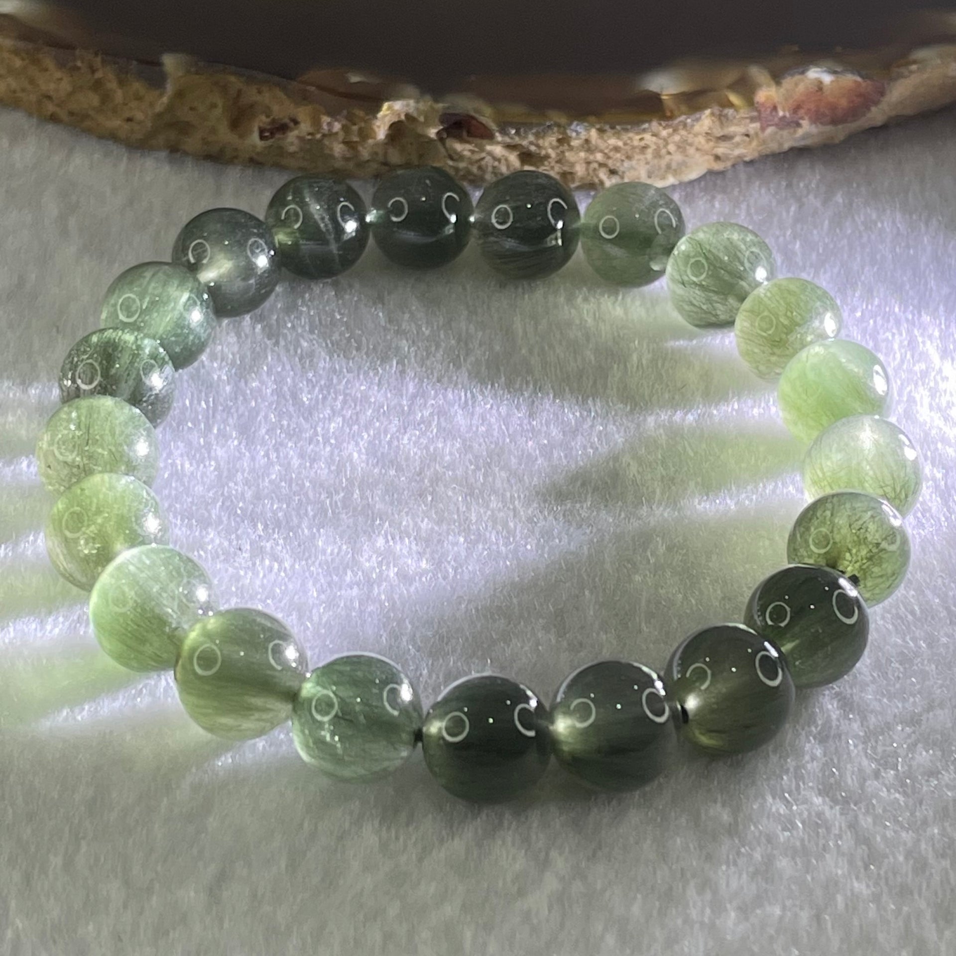 Good Grade Natural Cats Eye Green Rutilated Quartz Beads Bracelet 22.16g 16cm 9.3mm 21 Beads - Huangs Jadeite and Jewelry Pte Ltd