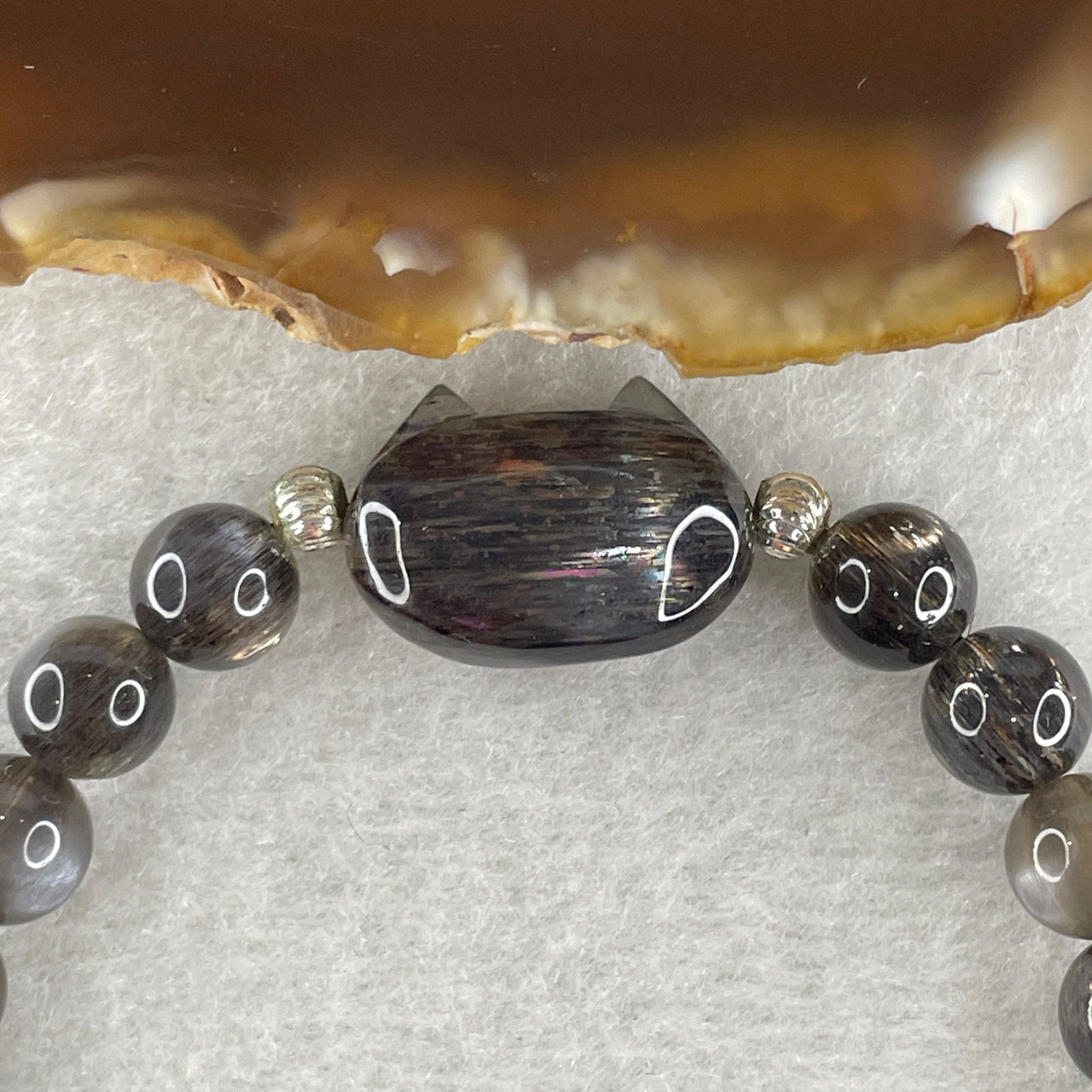 Good Grade Natural Brownish Grey Lepidolite Beads with Cat Charm Bracelet 16.10g 7.6mm 22 Beads - 18.4 by 13.2 by 7.5mm Cat Charm - Huangs Jadeite and Jewelry Pte Ltd
