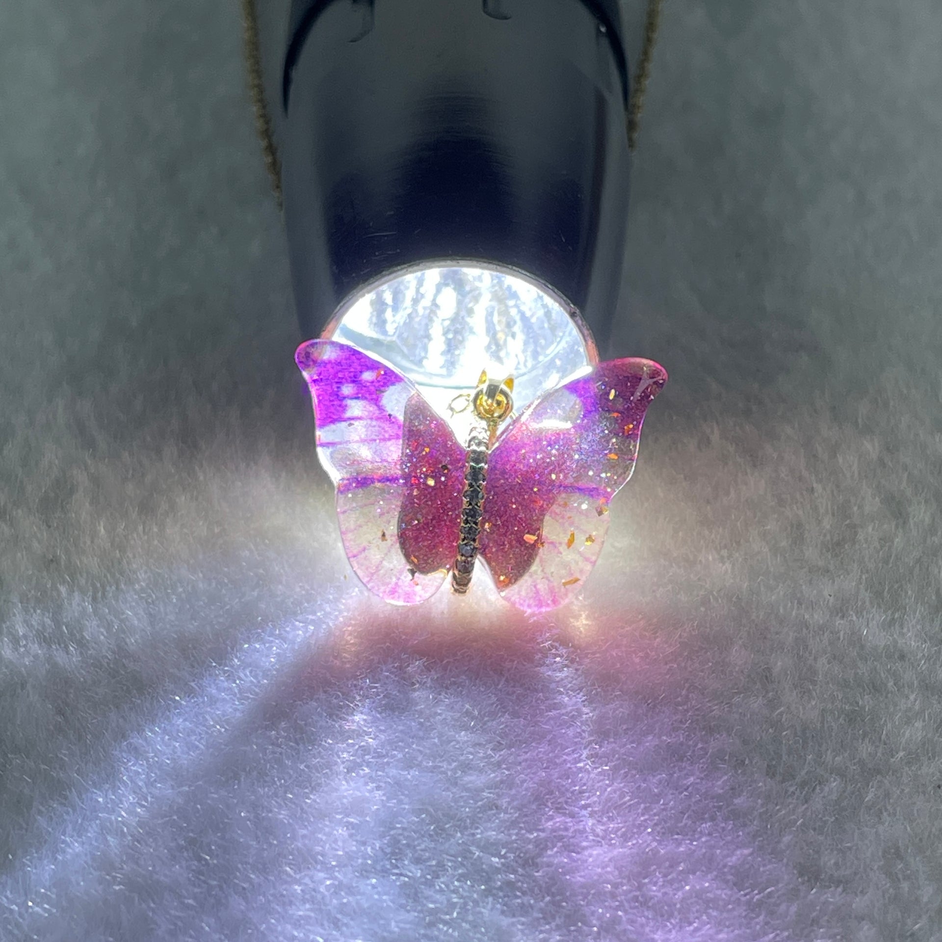 Man Made Pink Butterfly Pendant with Gold Color Necklace 3.39g 25.4 by 17.6 by 4.2mm - Huangs Jadeite and Jewelry Pte Ltd