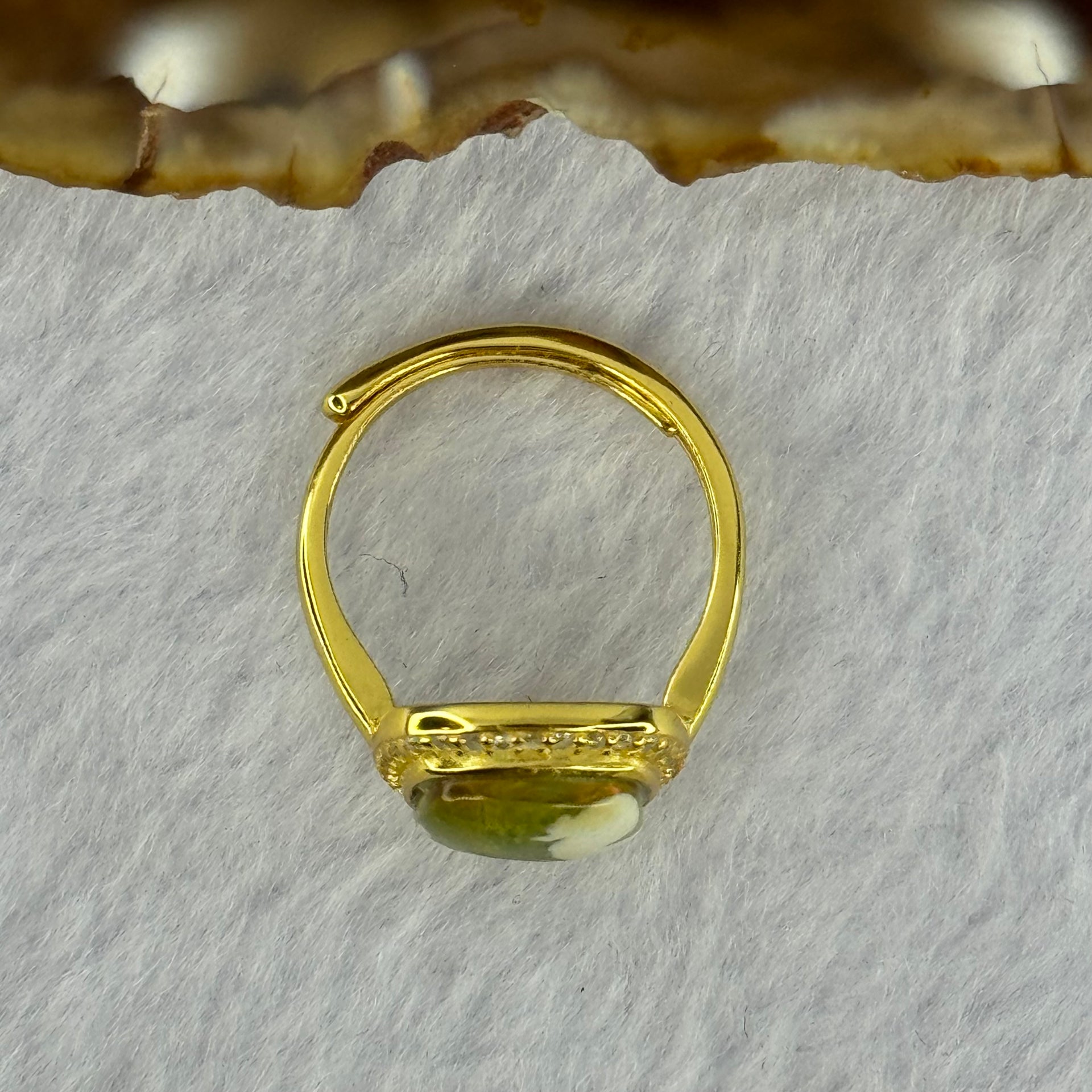 Natural Green Amber with Milk Inclusions in S925 Sliver Gold Color Ring (Adjustable Size) 2.26g 8.9 by by 2.5mm - Huangs Jadeite and Jewelry Pte Ltd