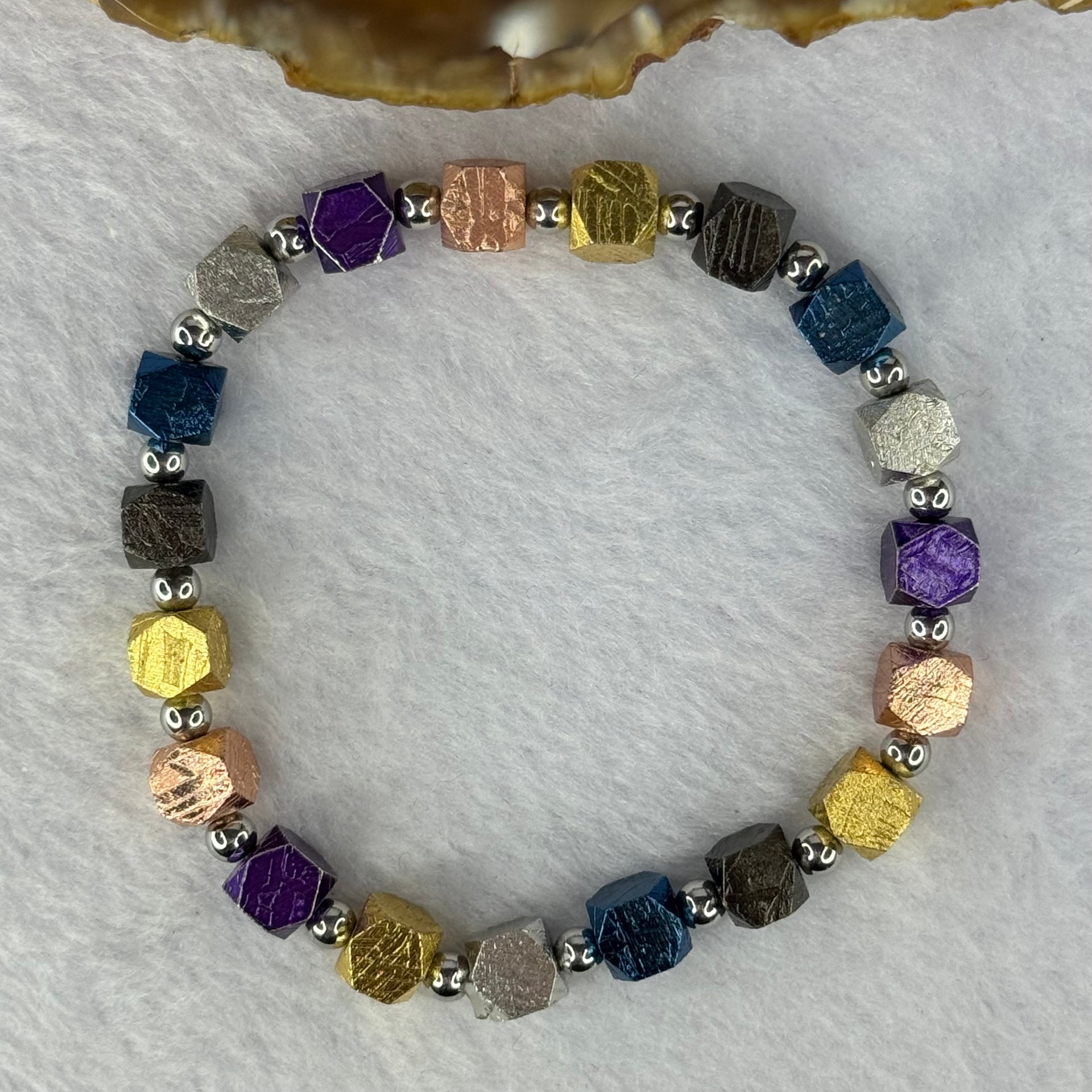 Natural Meteorite in Multi Color Blocks with Mini Stainless Steel Beads Bracelet 天然天铁手链 6.4mm 16cm 19 pcs - Huangs Jadeite and Jewelry Pte Ltd