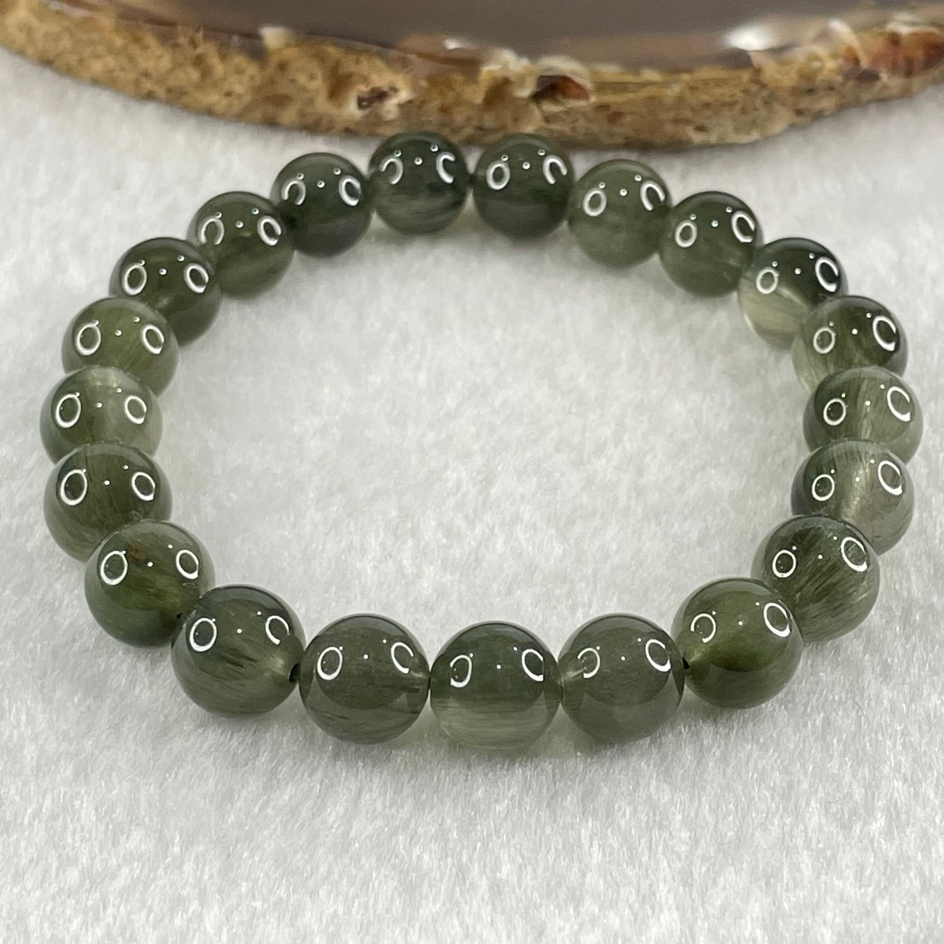 Good Grade Natural Cats Eye Green Rutilated Quartz Beads Bracelet 22.71g 16cm 9.3mm 21 Beads - Huangs Jadeite and Jewelry Pte Ltd