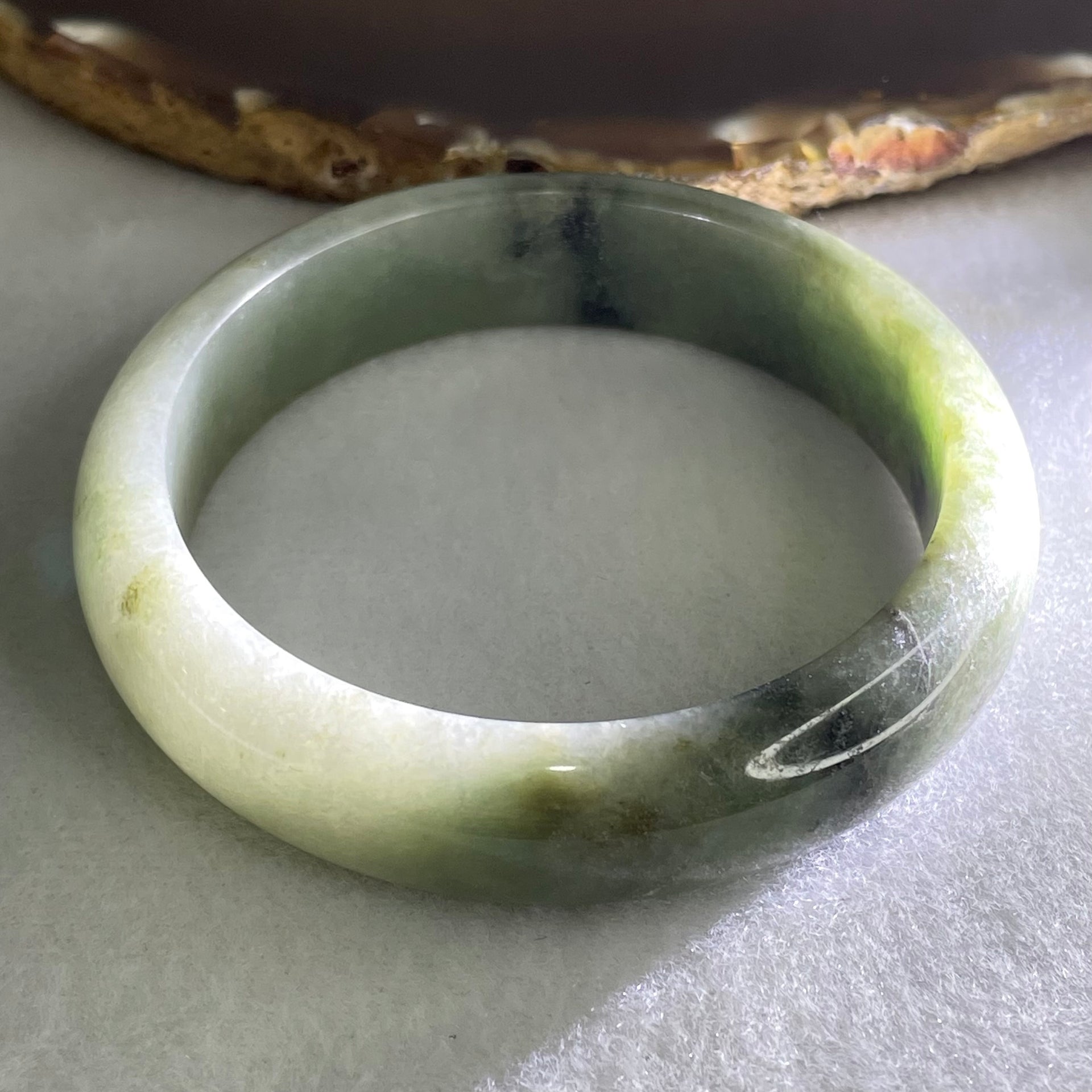 Type A Light to Dark Green Jadeite Bangle 56.80g Inner Diameter 55.7mm 14.2 by 7.8mm (Slight Internal Line) - Huangs Jadeite and Jewelry Pte Ltd