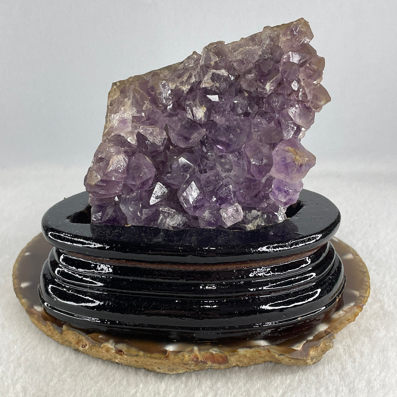 Natural Amethyst Crystal Cluster Display with Wooden Stand 520.8g 124.8 by 76.9 by 110.0mm - Huangs Jadeite and Jewelry Pte Ltd