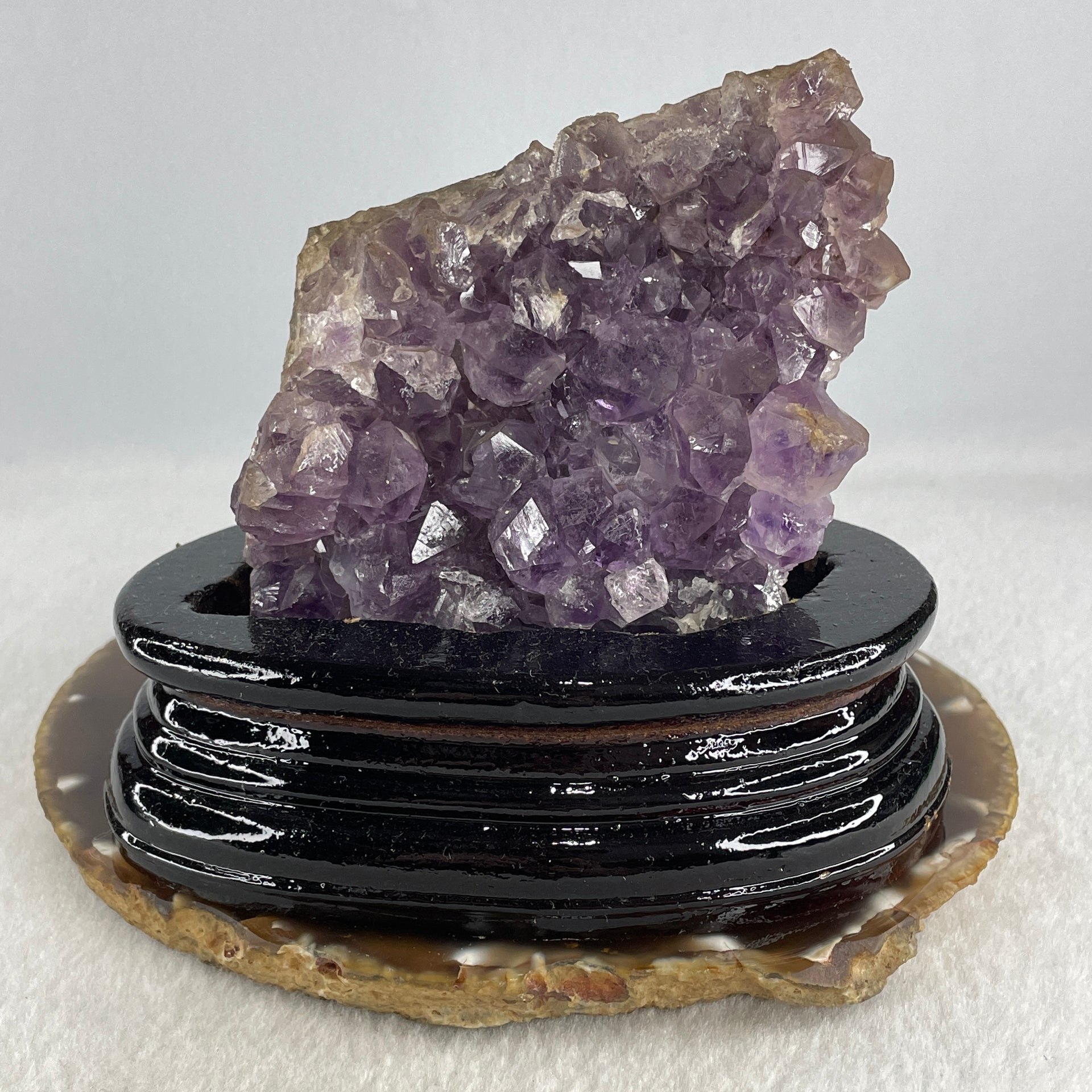 Natural Amethyst Crystal Cluster Display with Wooden Stand 520.8g 124.8 by 76.9 by 110.0mm - Huangs Jadeite and Jewelry Pte Ltd