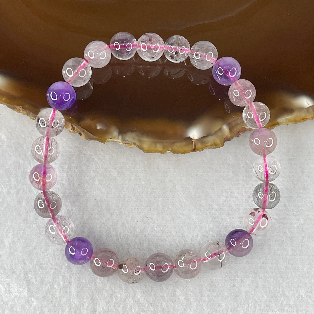 Certified Above-Average Grade Natural Super 7 Crystal Beads Bracelet | High-Fluidity Crystalline Strand | Authentic Sacred Seven Multi-Mineral Inclusions Quartz Spiritual Catalyst & Auric Shield Bracelet (16.31g | 16.5cm Length | 7.9mm | 26 Beads)