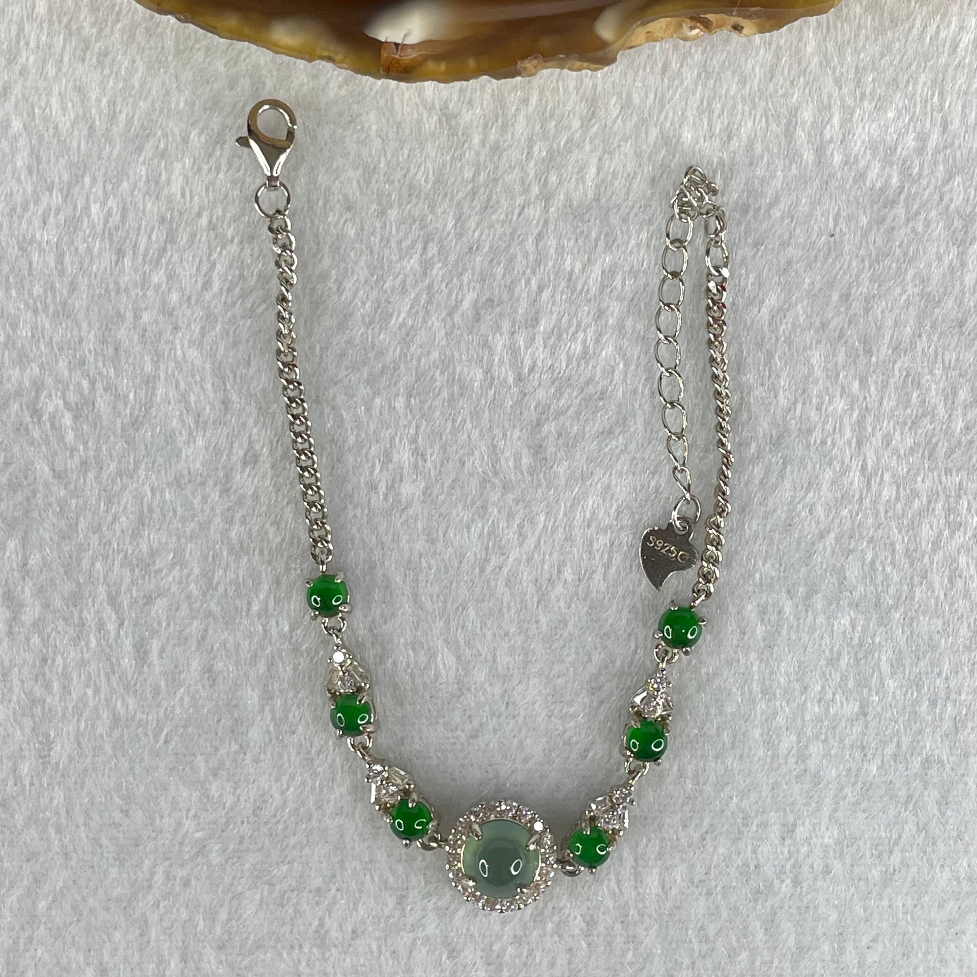 Type A Icy Blueish Green 6.8 by 4.0mm and Icy Green Omphasite Jadeite Cabochon With Crystals in S925 Sliver Bracelet 4.75g - Huangs Jadeite and Jewelry Pte Ltd