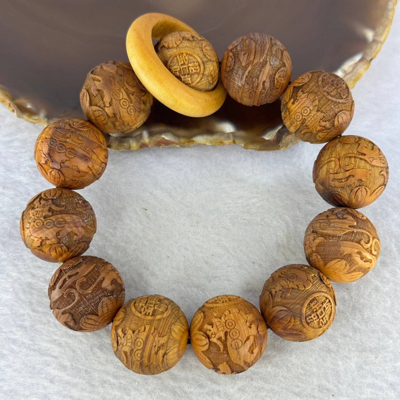 Natural Yabai Wood Pixiu Pair with Prosperity Coin Beads Bracelet for Wealth and Protection 天然崖柏木貔貅手链 43.01g 20.4mm 12 Beads / 8.1 by 6.2 mm - Huangs Jadeite and Jewelry Pte Ltd