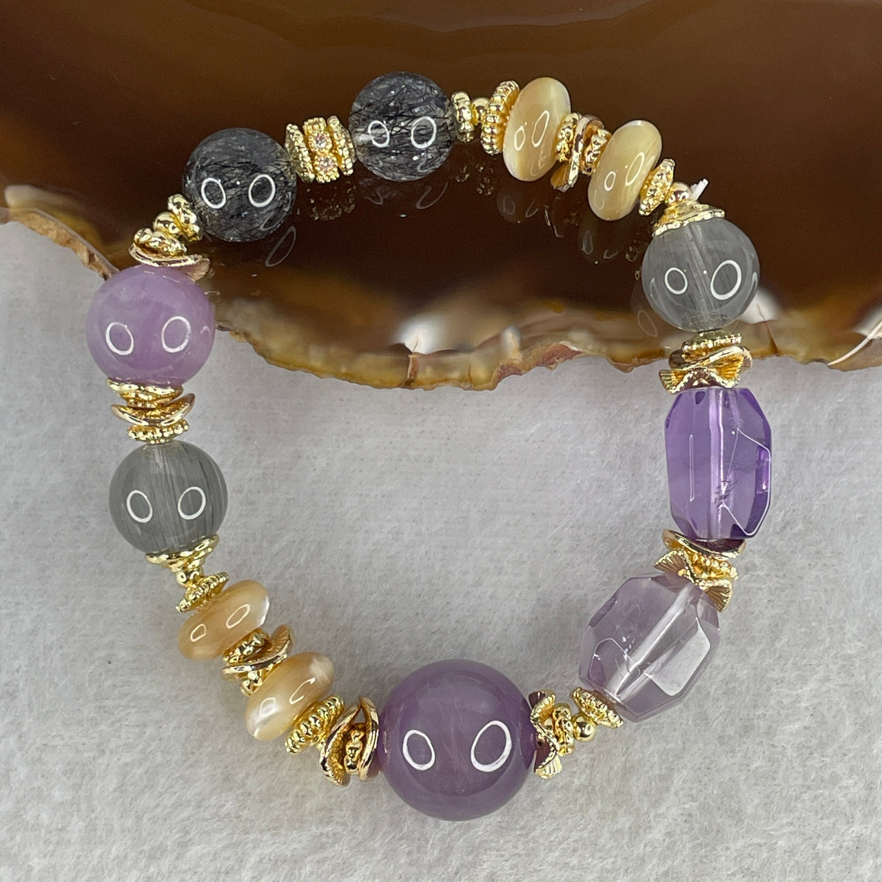 Natural Amethyst, Black Rutilated Quartz & Moonstone Bracelet | 14.5cm Tailored Strand | 10.6x14.9mm Velvet Purple & Matrix-Ink "Gothic Romance" Statement Cluster with Gold Flower Charms (32.66g)