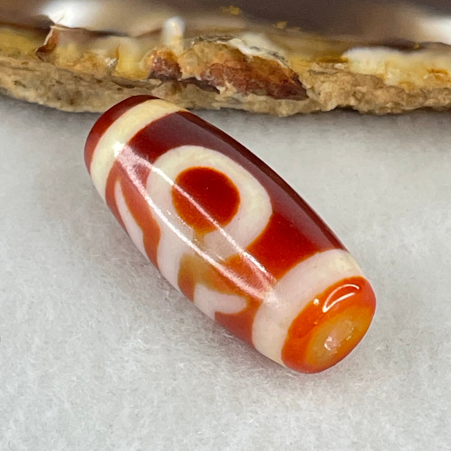 Natural Powerful Tibetan Old Oily Red White Agate Patina Guiren Tairen Human Benefactor Dzi Bead Heavenly Master (Tian Zhu) 贵人天珠 6.21g 28.3 by 12.1mm - Huangs Jadeite and Jewelry Pte Ltd