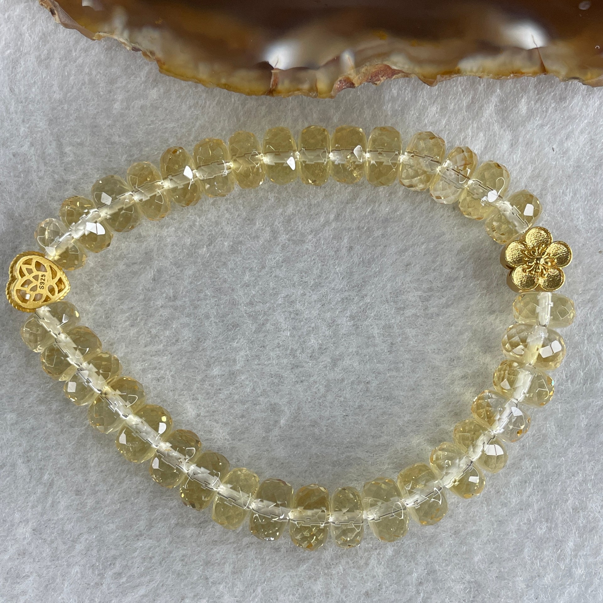 Natural Citrine Donut with Heart Shape Charm Bracelet 20.03g 15cm 8.5mm 34 Beads - Huangs Jadeite and Jewelry Pte Ltd