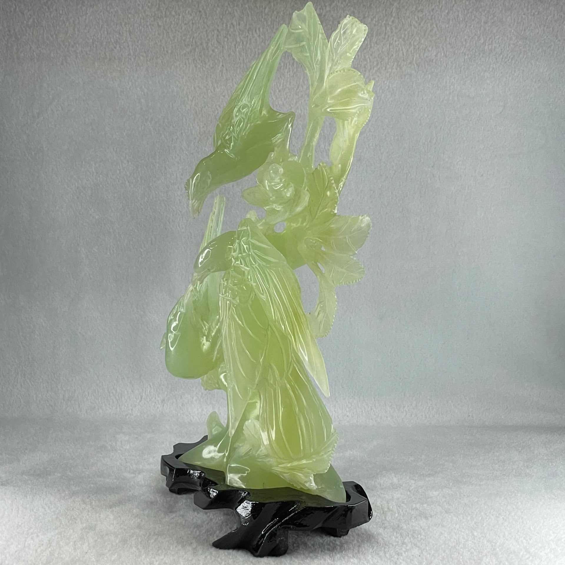 Natural Green Serpentine 3 Magpie Birds on Tree with Wooden Stand Display 939.0g 147.0 by 272.0 by 92.0mm - Huangs Jadeite and Jewelry Pte Ltd