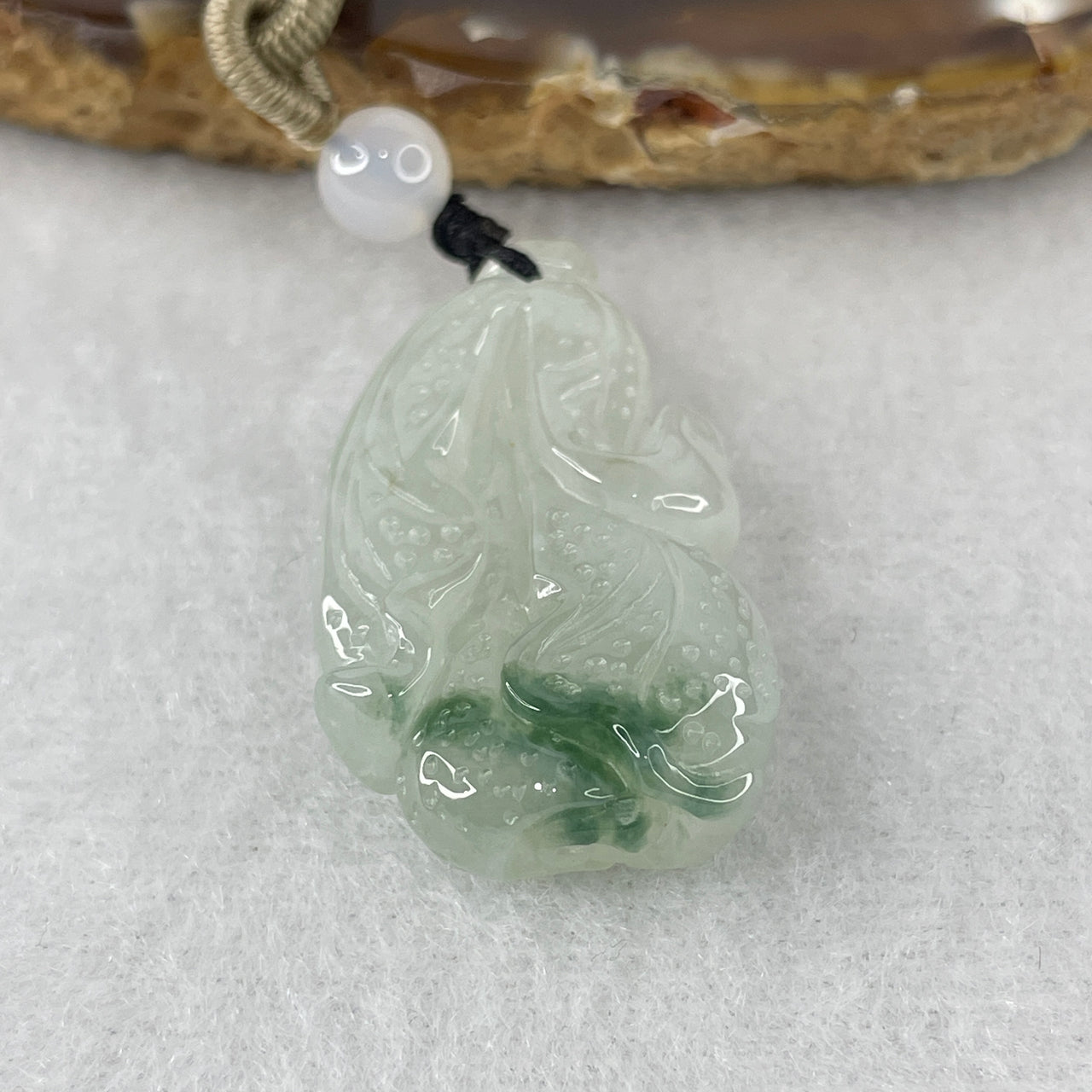 Natural Type A Semi-Icy Faint Blueish Green & Green Jadeite "Cabbage" Pendant | 100% Untreated Master Carved Fei Cui Wealth Talisman (12.68g | 34.0mm × 19.3mm × 9.3mm)