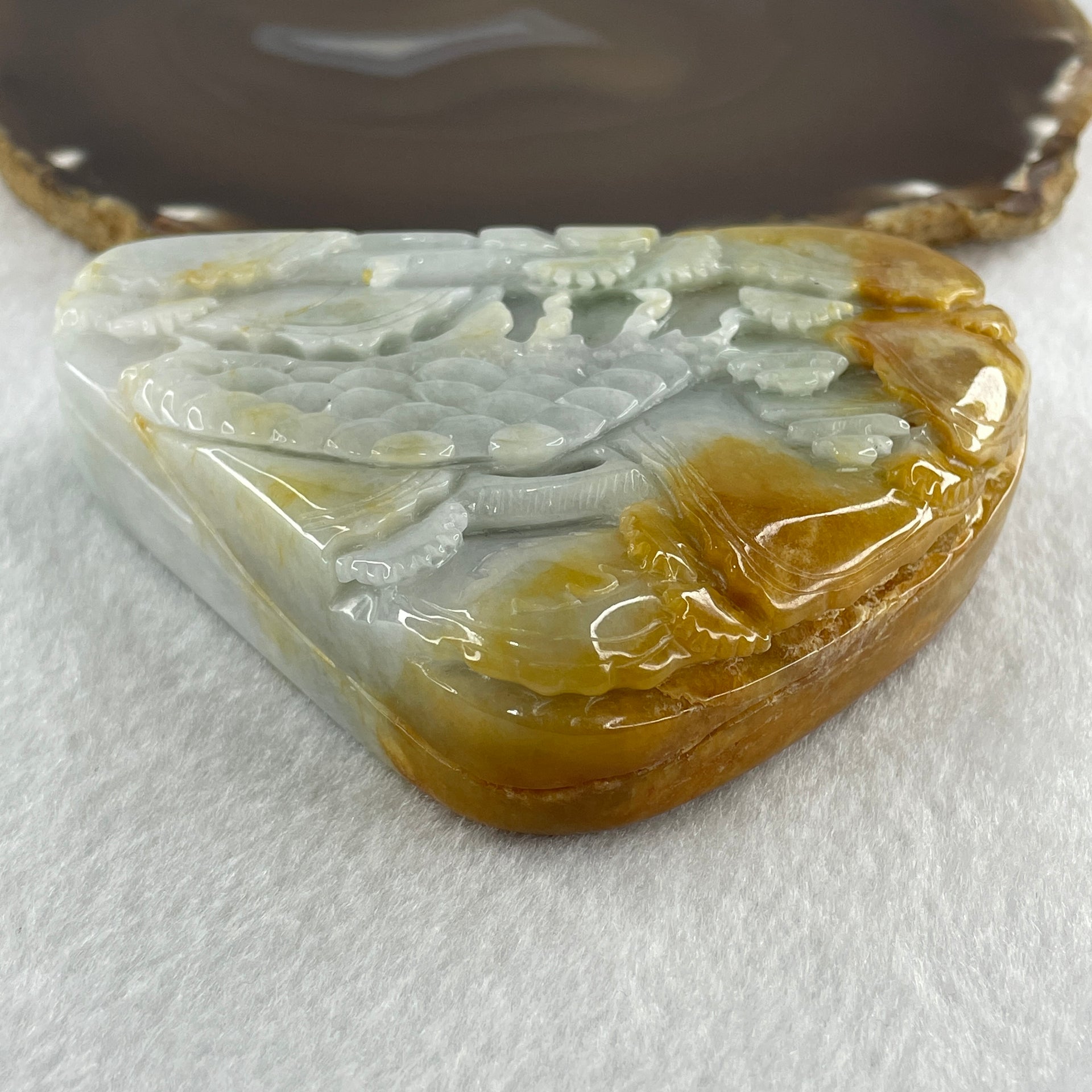 Natural Type A Light Green with Faint Lavender with Yellow Jadeite Shan Shui Scenic with Gui Ren Benefactor Display 355.47g 71.4 by 95.6 by 25.9mm - Huangs Jadeite and Jewelry Pte Ltd