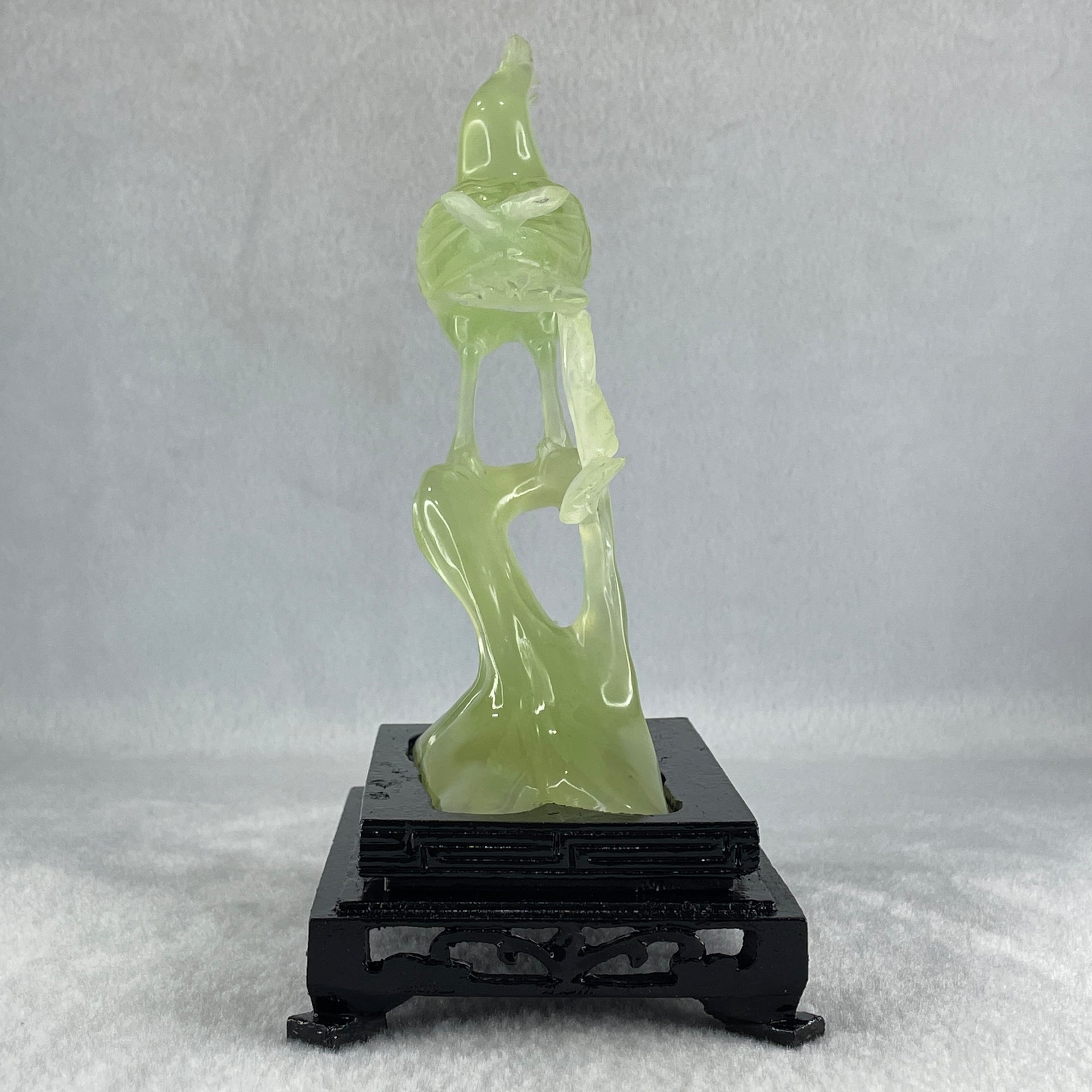 Natural Green Serpentine Javan Mynah Birds on Tree with Wooden Stand Display 338.9g 125.0 by 175.0 by 78.0mm - Huangs Jadeite and Jewelry Pte Ltd