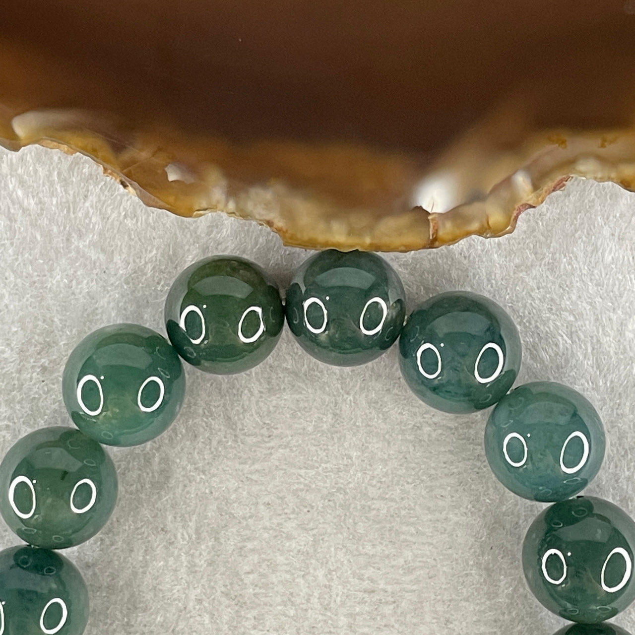 Type A Burmese Old Mine Blueish Green Jadeite Beads with Green Jadeite Twin Koi Fish and Flower Bracelet 60.96g 12.8mm 12 Beads 51.5 by 10.4 by 14.4mm - Huangs Jadeite and Jewelry Pte Ltd