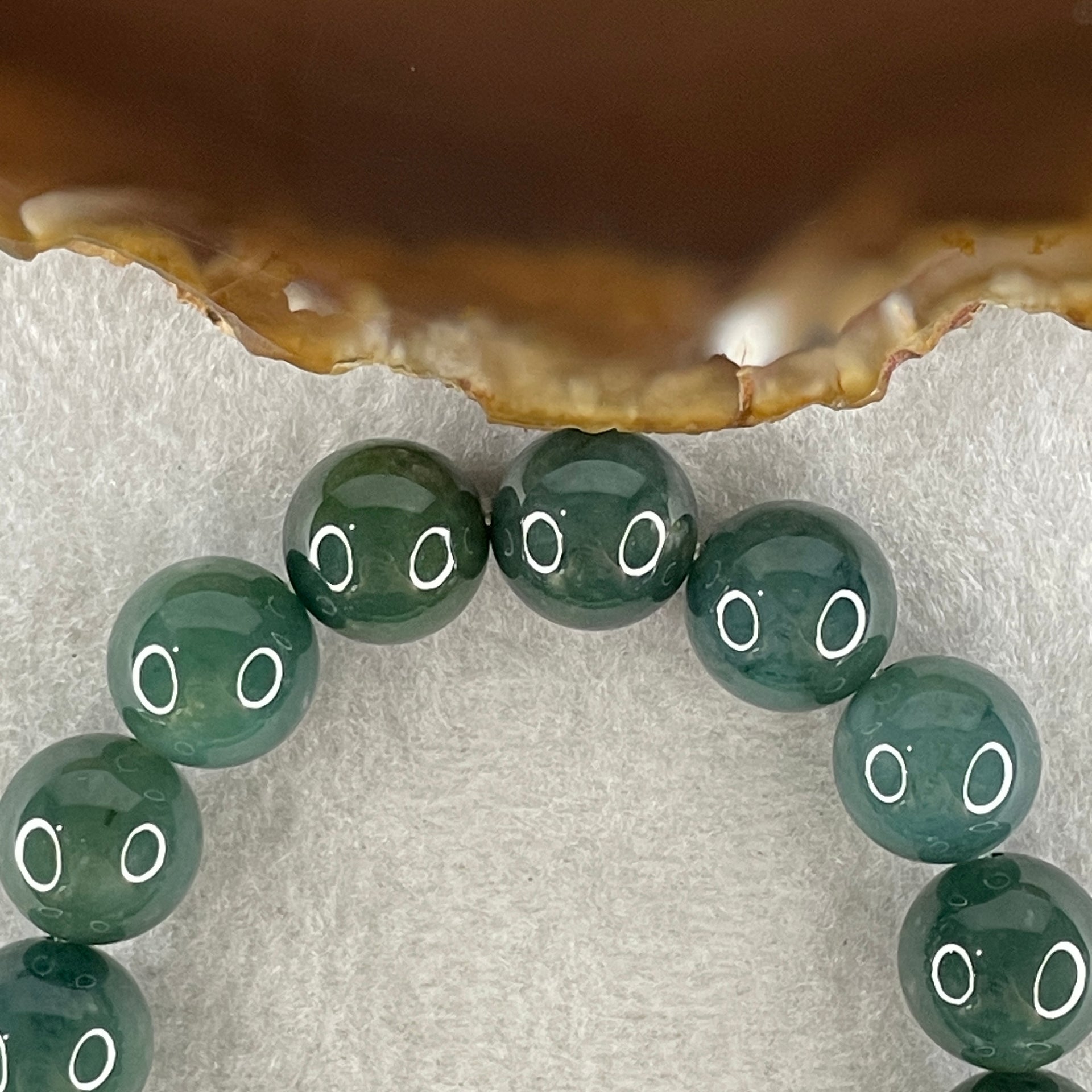Type A Burmese Old Mine Blueish Green Jadeite Beads with Green Jadeite Twin Koi Fish and Flower Bracelet 60.96g 12.8mm 12 Beads 51.5 by 10.4 by 14.4mm - Huangs Jadeite and Jewelry Pte Ltd