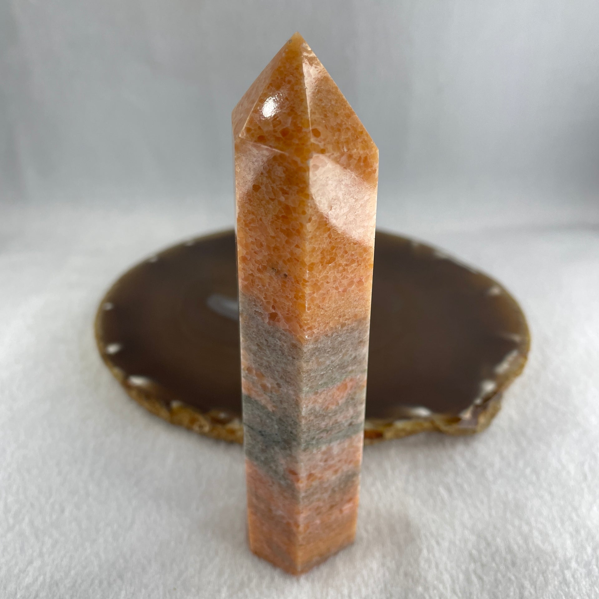 Natural Orange Calcite Quartz Tower Display 184.57g 121.2 by 31.6 by 28.1mm - Huangs Jadeite and Jewelry Pte Ltd