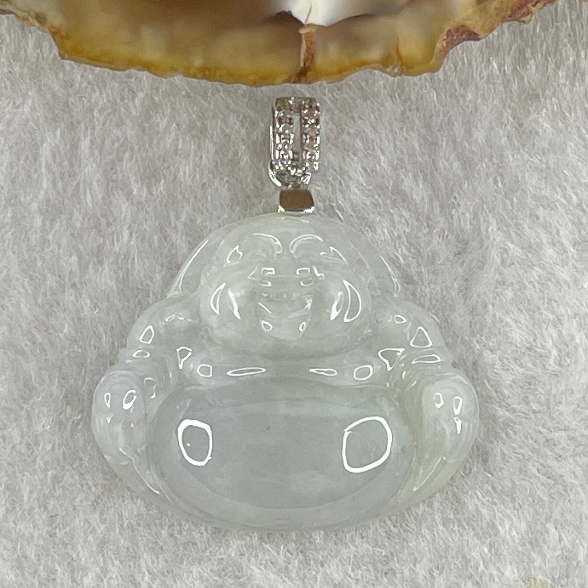 Natural Type A Light Lavender Jadeite Milo Buddha in S925 Silver and Cubic Zirconia Clasp Pendant 4.57g 20.4 by 24.8 by 6.0mm - Huangs Jadeite and Jewelry Pte Ltd