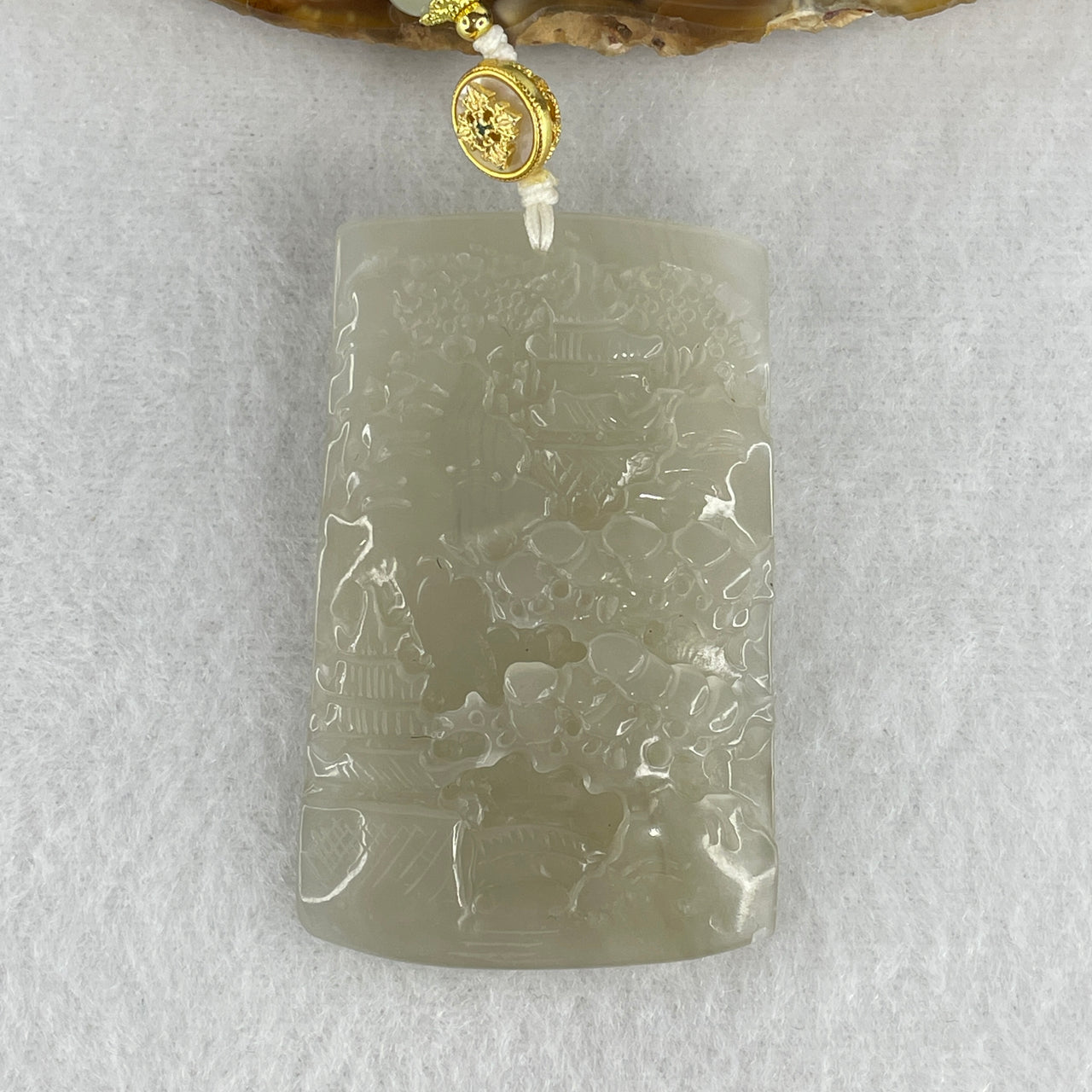 Natural White Nephrite Shan Shui Pendant Necklace | Carved Landscape Plaque with 5.0mm 100 Beads Green Nephrite Rectangular Bead Strand (70.35g | 72cm | 56.6 x 35.6 x 6.4mm)