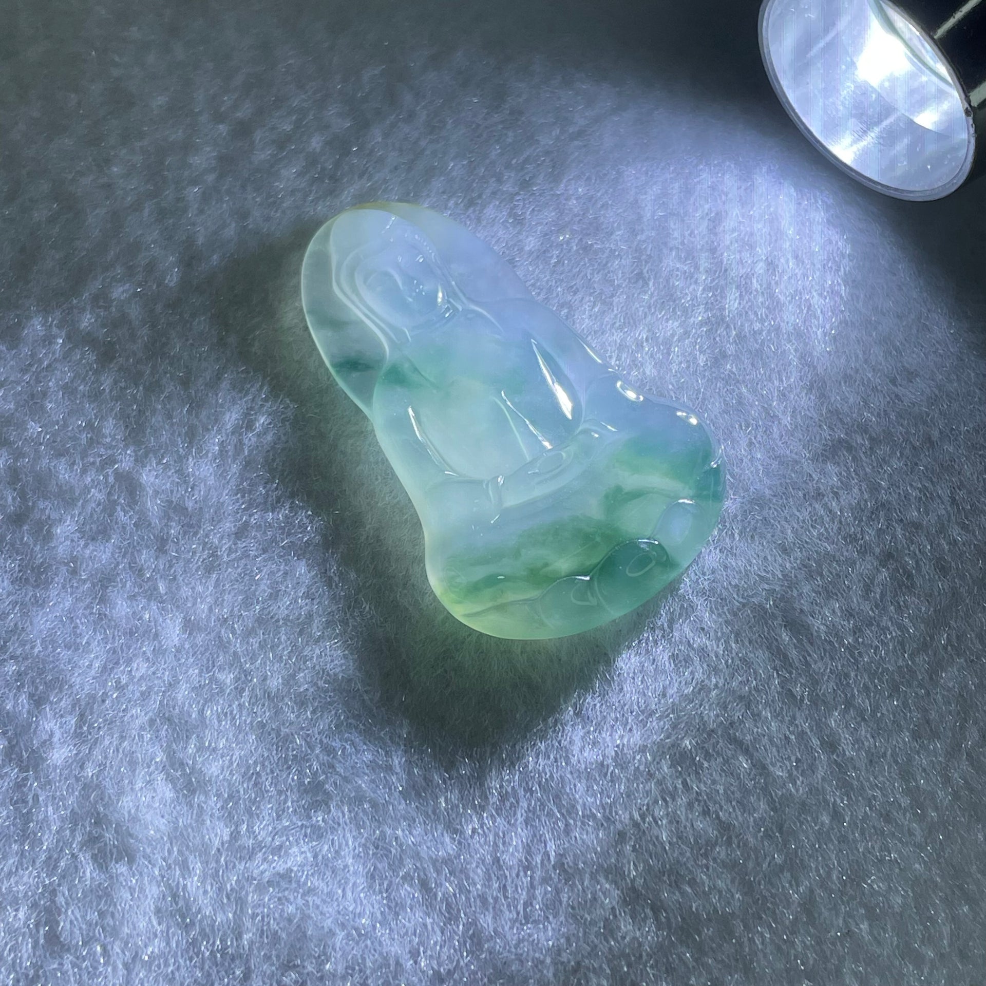 Type A Icy Light Green with Blueish Green Piao Hua Jadeite Guan Yin Pendant for Setting 6.27g 34.8 by 23.3 by 4.1mm - Huangs Jadeite and Jewelry Pte Ltd