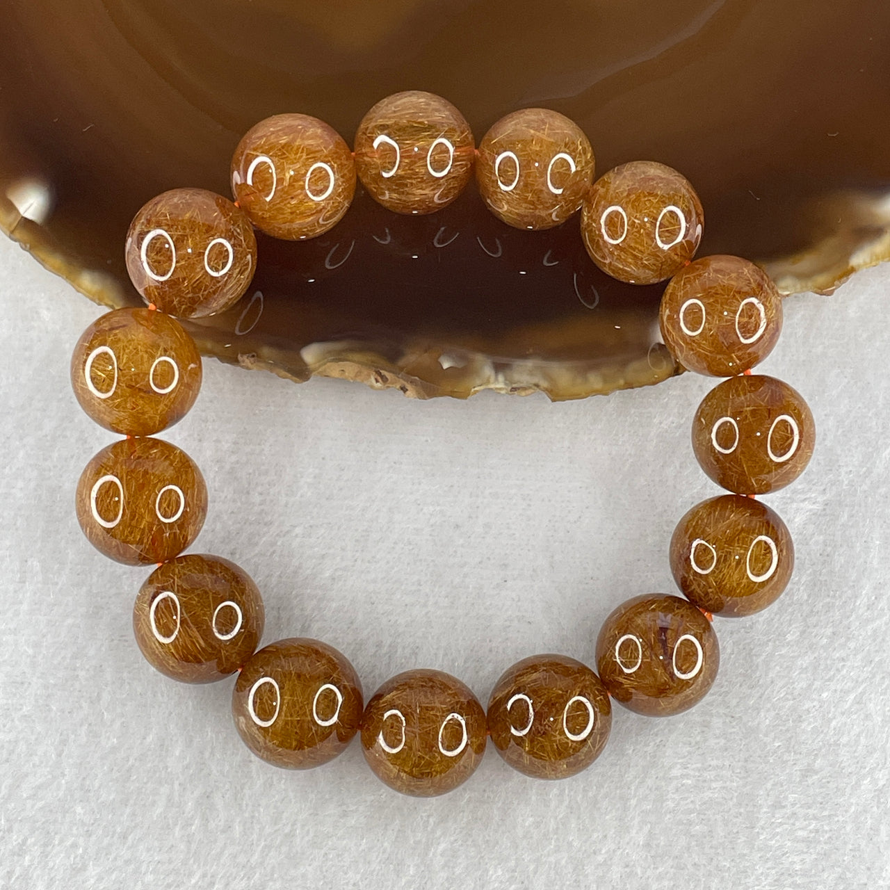 Good Grade Natural Reddish Copper Rutilated Quartz Beads Bracelet 63.14g 17cm 14.9mm 15 Beads