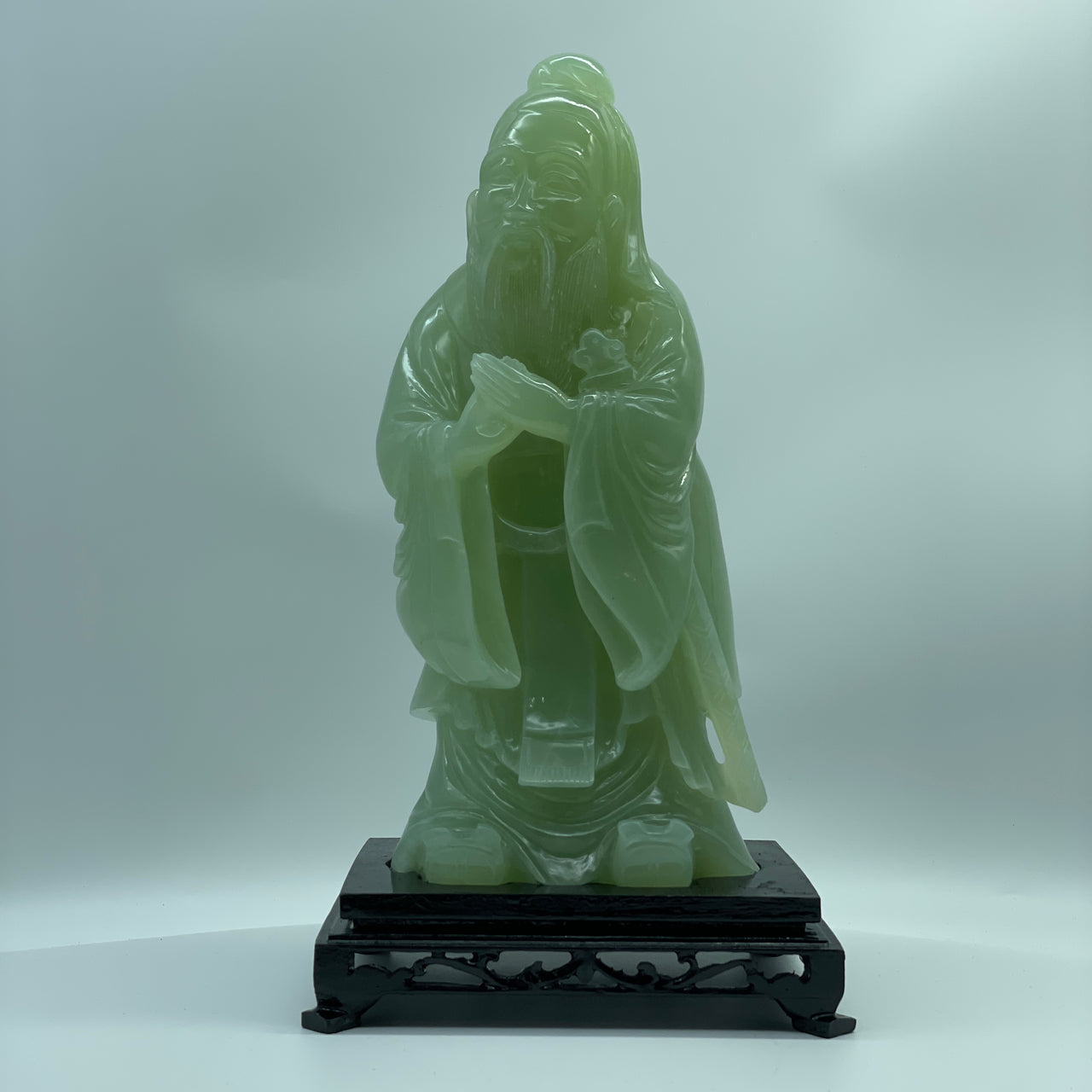 Natural Light Green Serpentine Kong Zi (Confucius Kong Qiu) with Wooden Display 3,808.3g 170.0 by 125.0 by 320.0mm