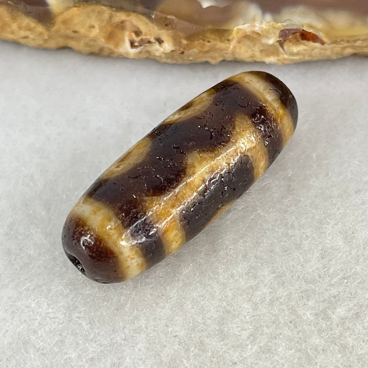 Aged Natural Powerful Tibetan Old Oily Agate 3 Eyes Dzi Bead Heavenly Master (Tian Zhu) 三眼天诛 5.09g 28.4 by 10.7mm - Huangs Jadeite and Jewelry Pte Ltd