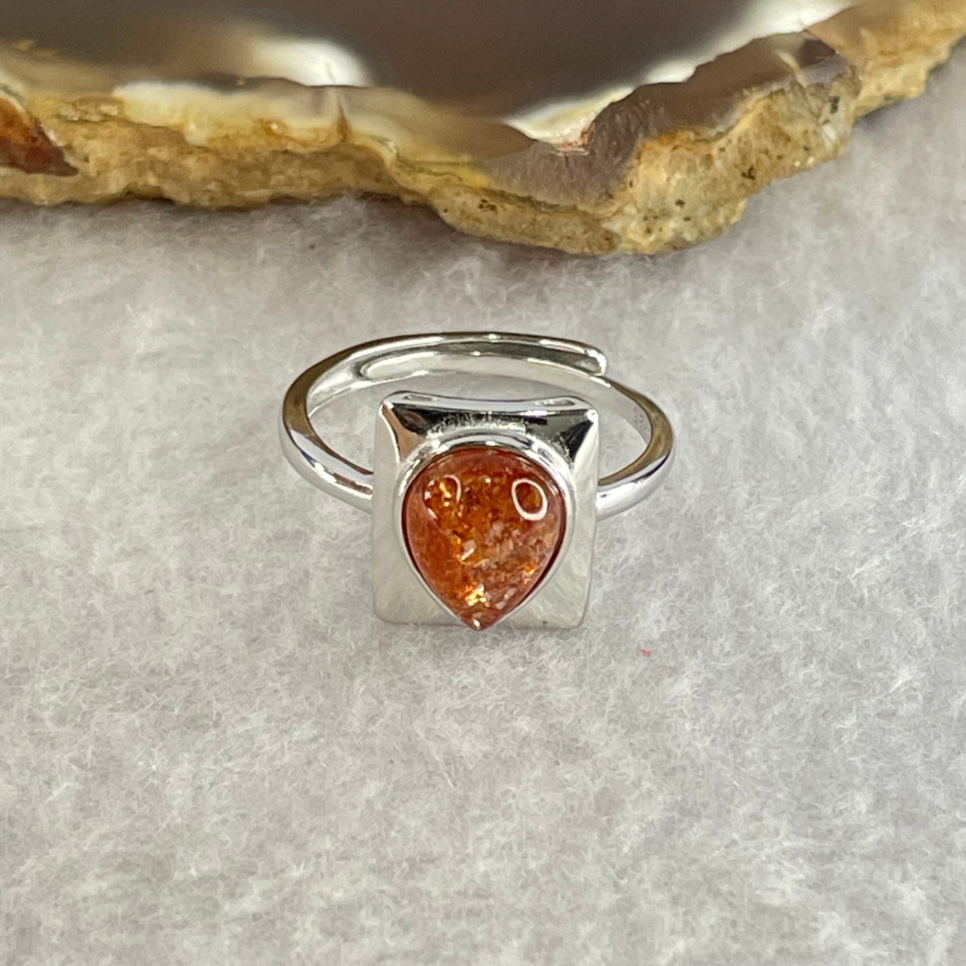 Good Grade Natural Golden Sun Stone in S925 Silver Ring (Adjustable Size) 2.17g 8.9 by 6.9 by 3.5mm - Huangs Jadeite and Jewelry Pte Ltd