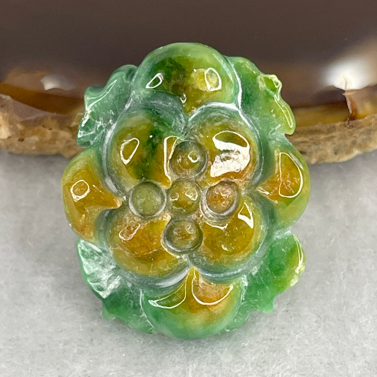Natural Type A Green with Yellowish Jadeite Lotus Flower Pendant Charm | Piritual Purity & Wealth Attraction (7.45g | 25.0x20.9x9.5mm)