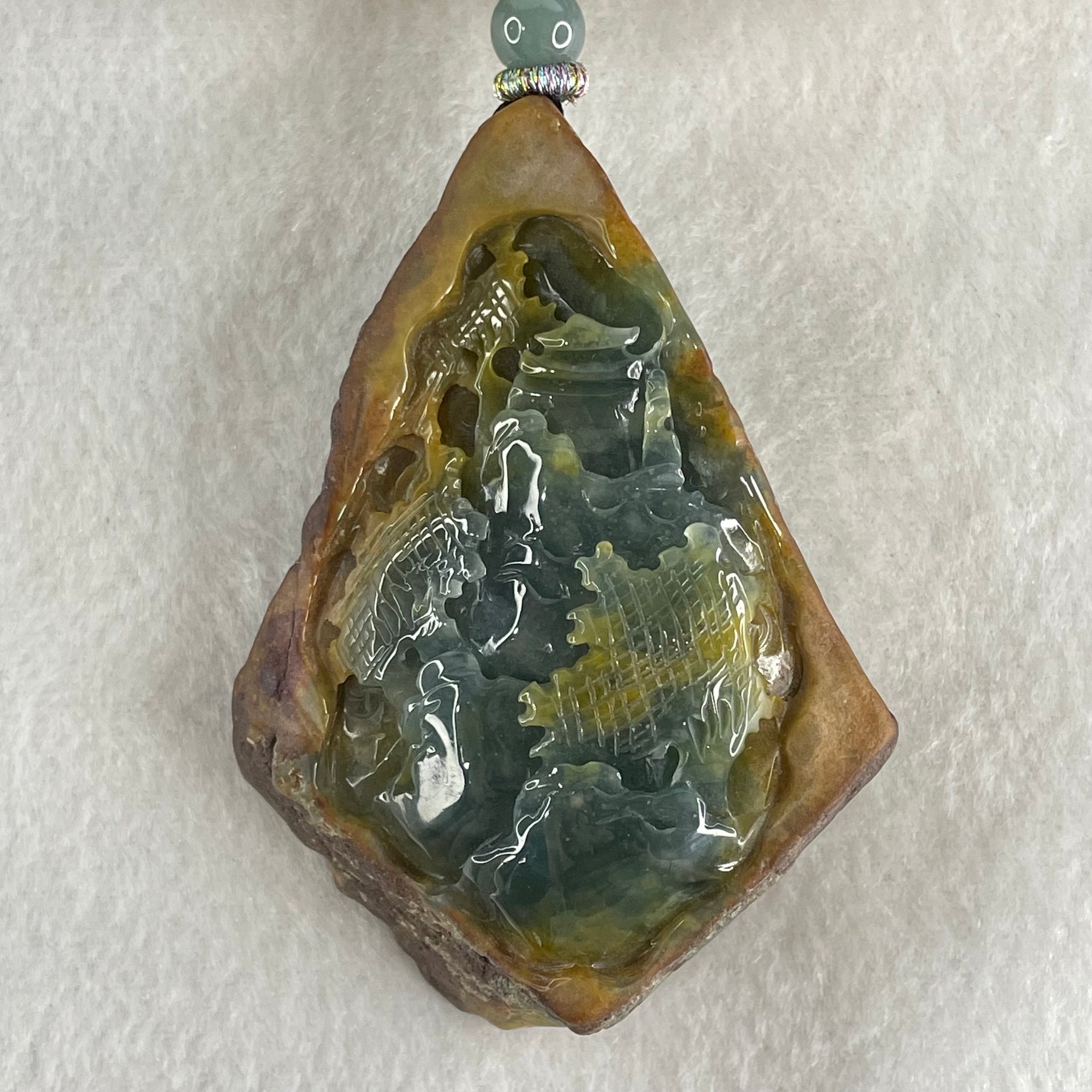 Grand Master Type A Brown with Blueish Green Jadeite Shan Shui with Guiren Benefactor Pendant 107.48g 74.0 by 53.9 by 23.3mm - Huangs Jadeite and Jewelry Pte Ltd