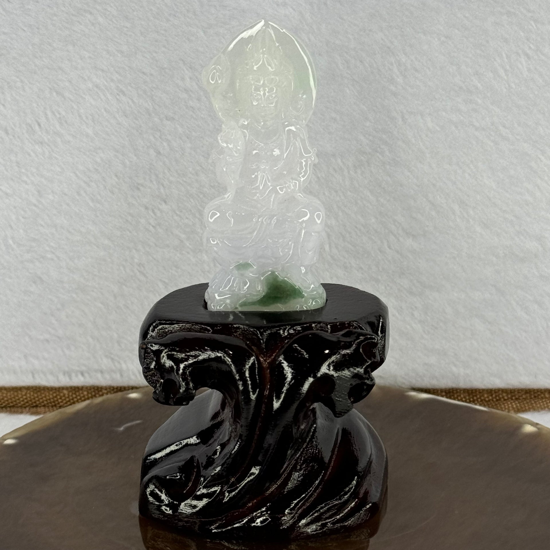 Type A Light Lavender with Green Patches Jadeite Guan Yin Pendent with Wooden Stand 111.55g  111.8 by 58.7 by 46.6mm - Huangs Jadeite and Jewelry Pte Ltd