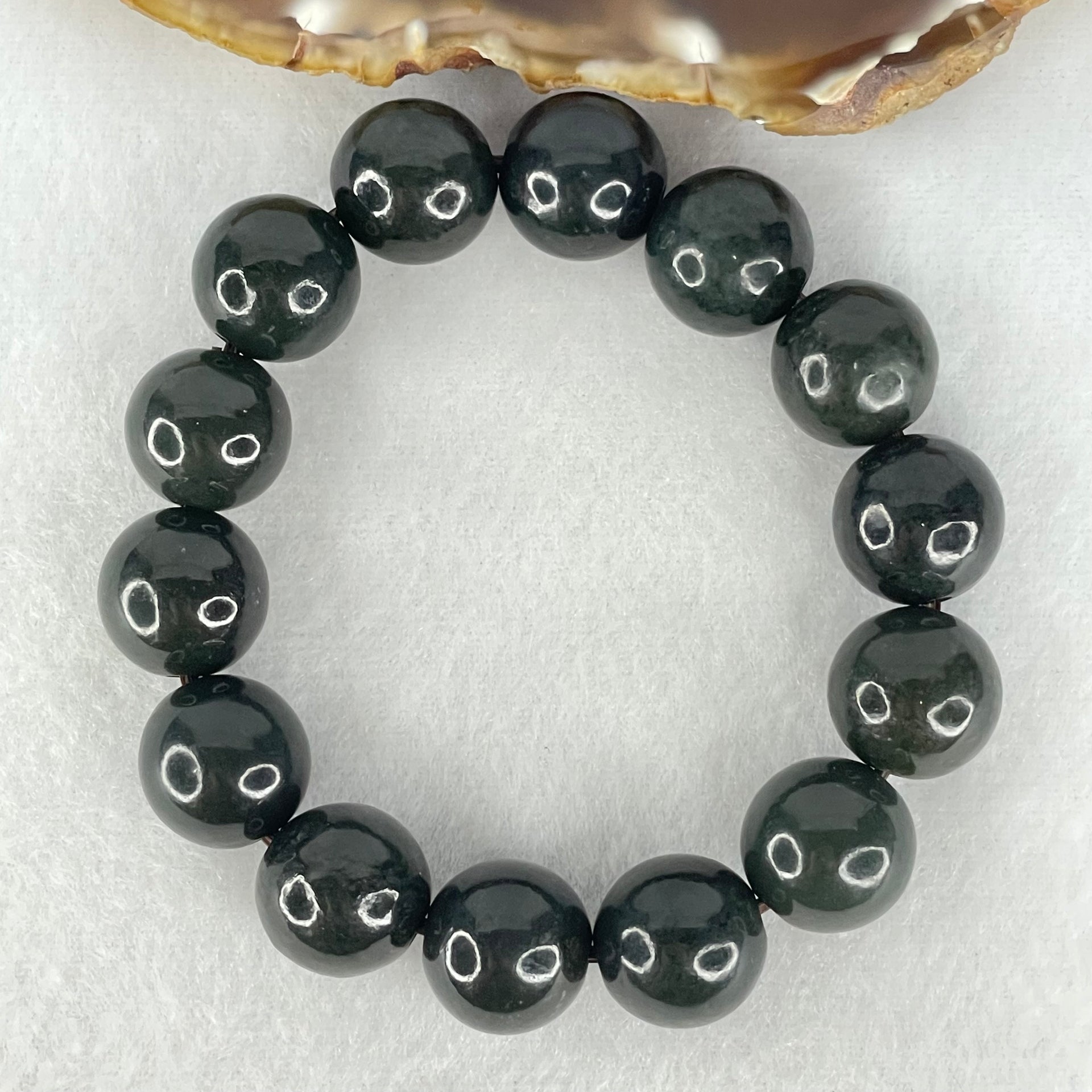 Natural Dark Green Nephrite Beads Bracelet 72.84g 17cm 14mm - Huangs Jadeite and Jewelry Pte Ltd
