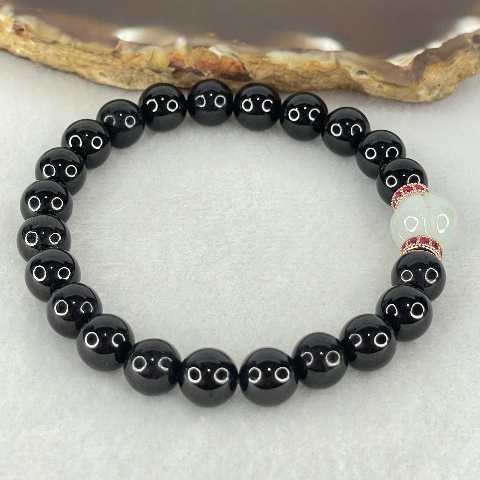 Type A Opaque Black Omphasite Jadeite Beads with Faint Green Jadeite Melon Charm Bracelet 21.49g 15.5cm 8.0mm 22 Bead 10.1 by 9.3m 1 Bead - Huangs Jadeite and Jewelry Pte Ltd